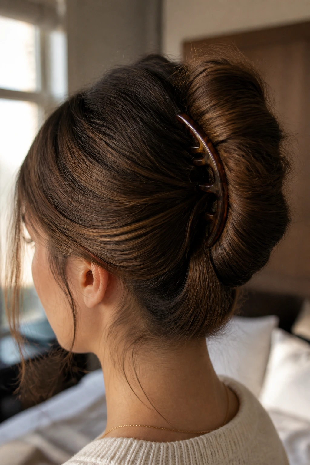 Back view close-up of a real woman with a shell knot at the back of her head