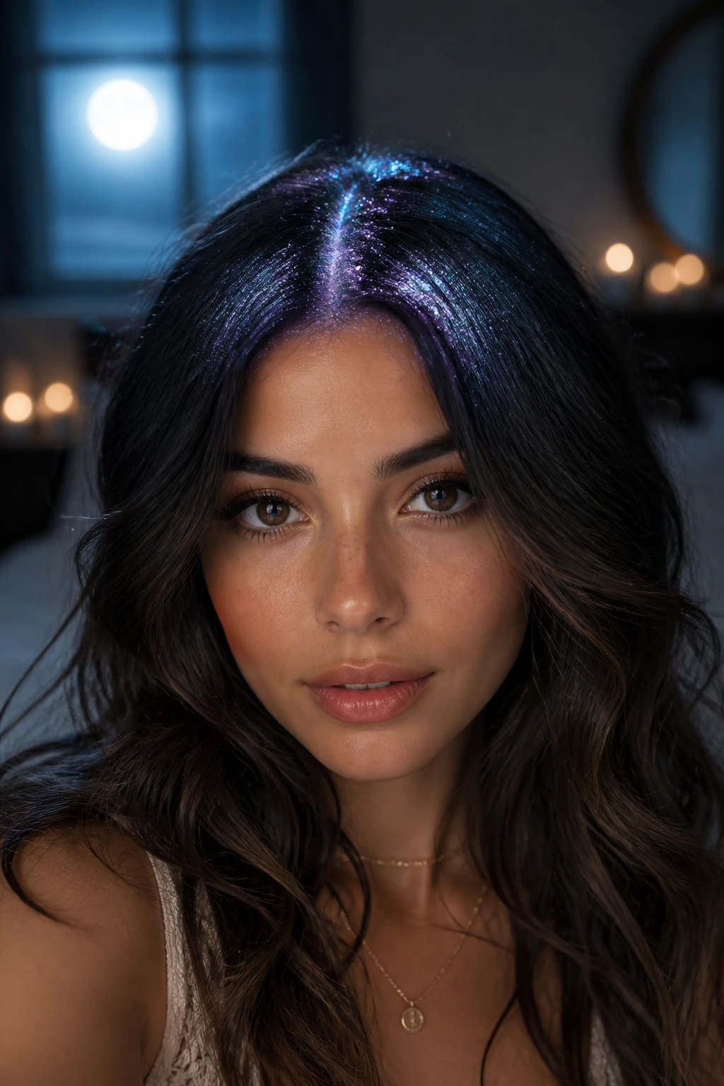 Close portrait showing iridescent shimmer at roots along the part.