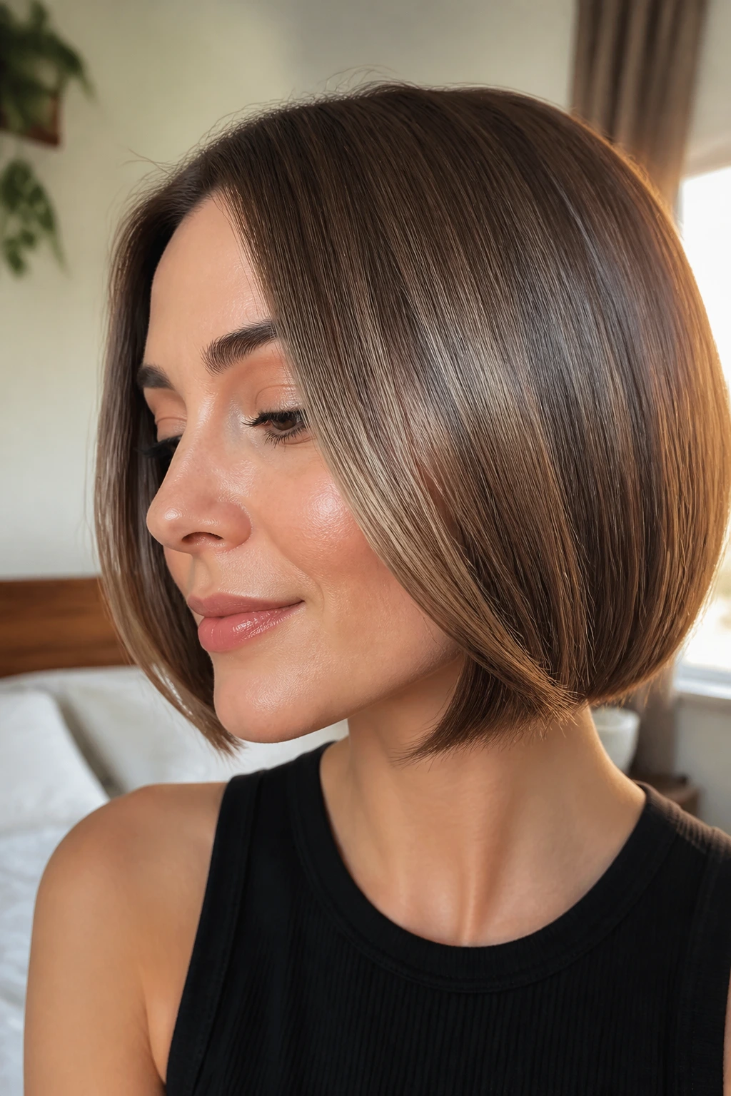 Portrait of a person with shiny straight short hair showing movement.
