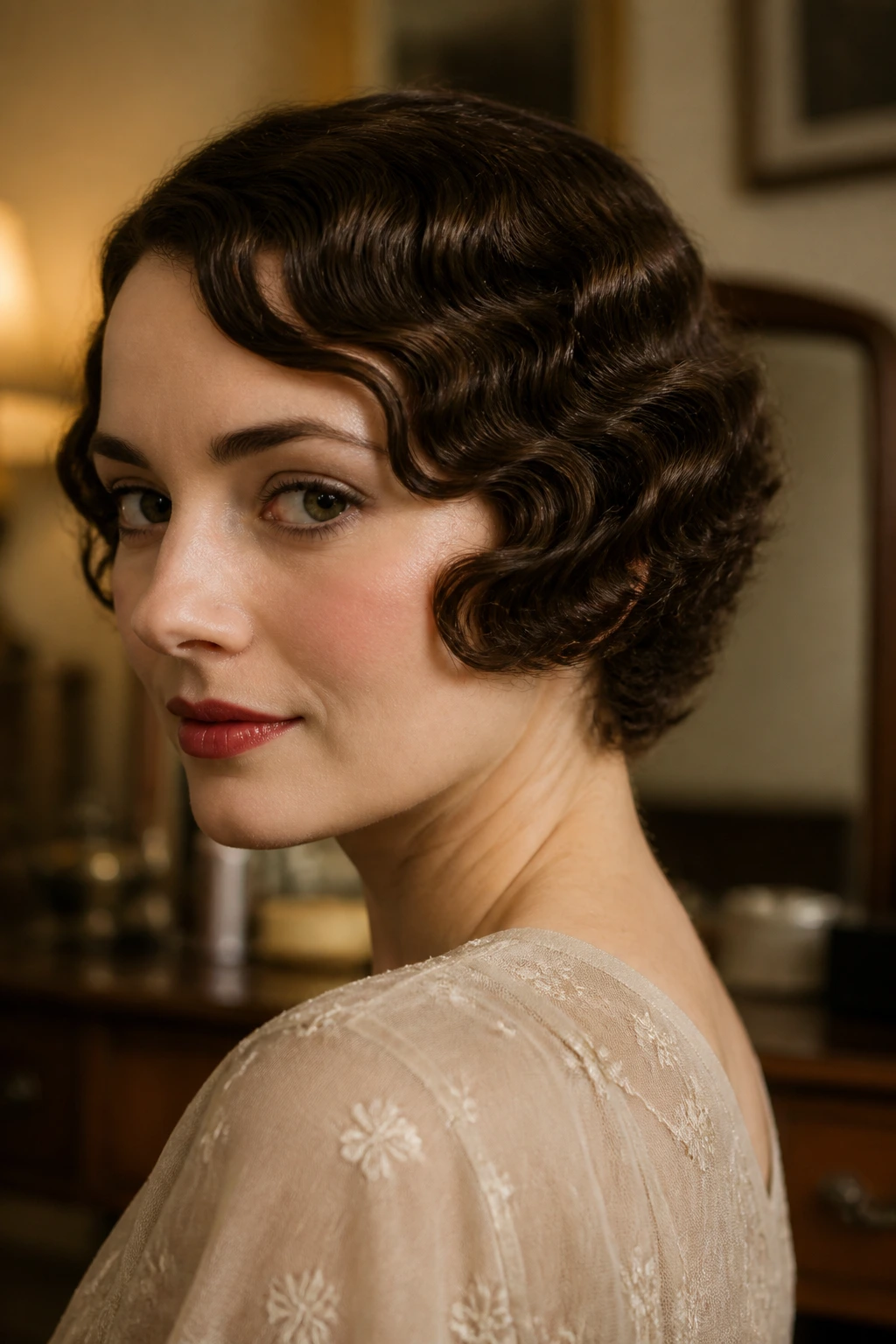 Close-up of a real woman with a 1930s shingle bob hairstyle