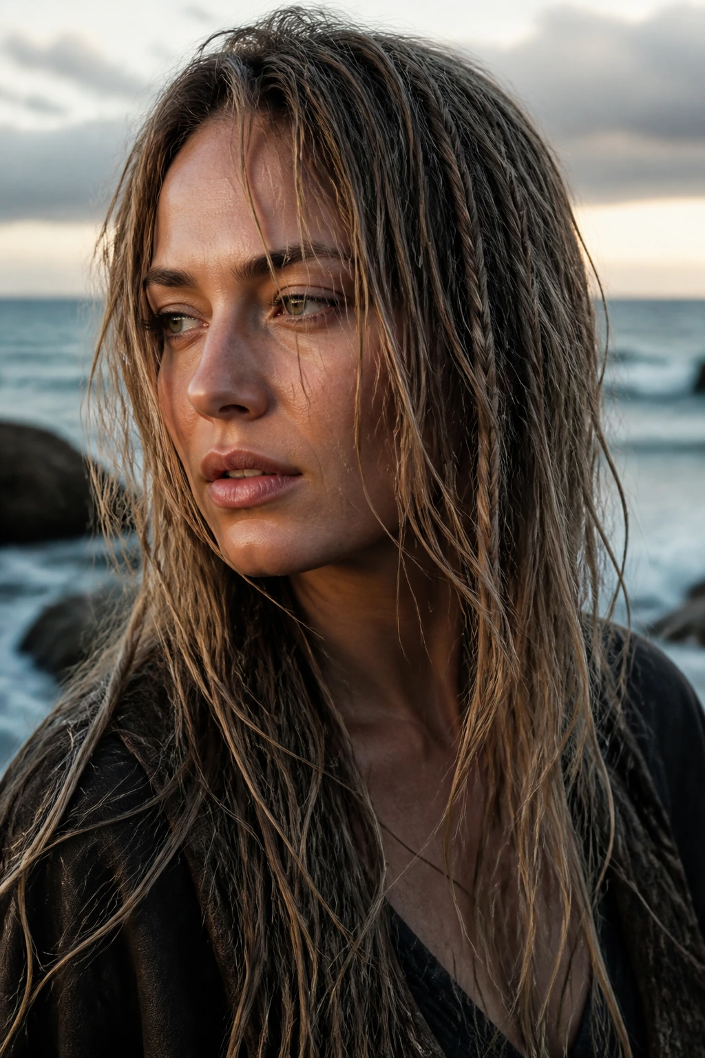 Close-up of a woman with salt-streaked shoreline waves in wind