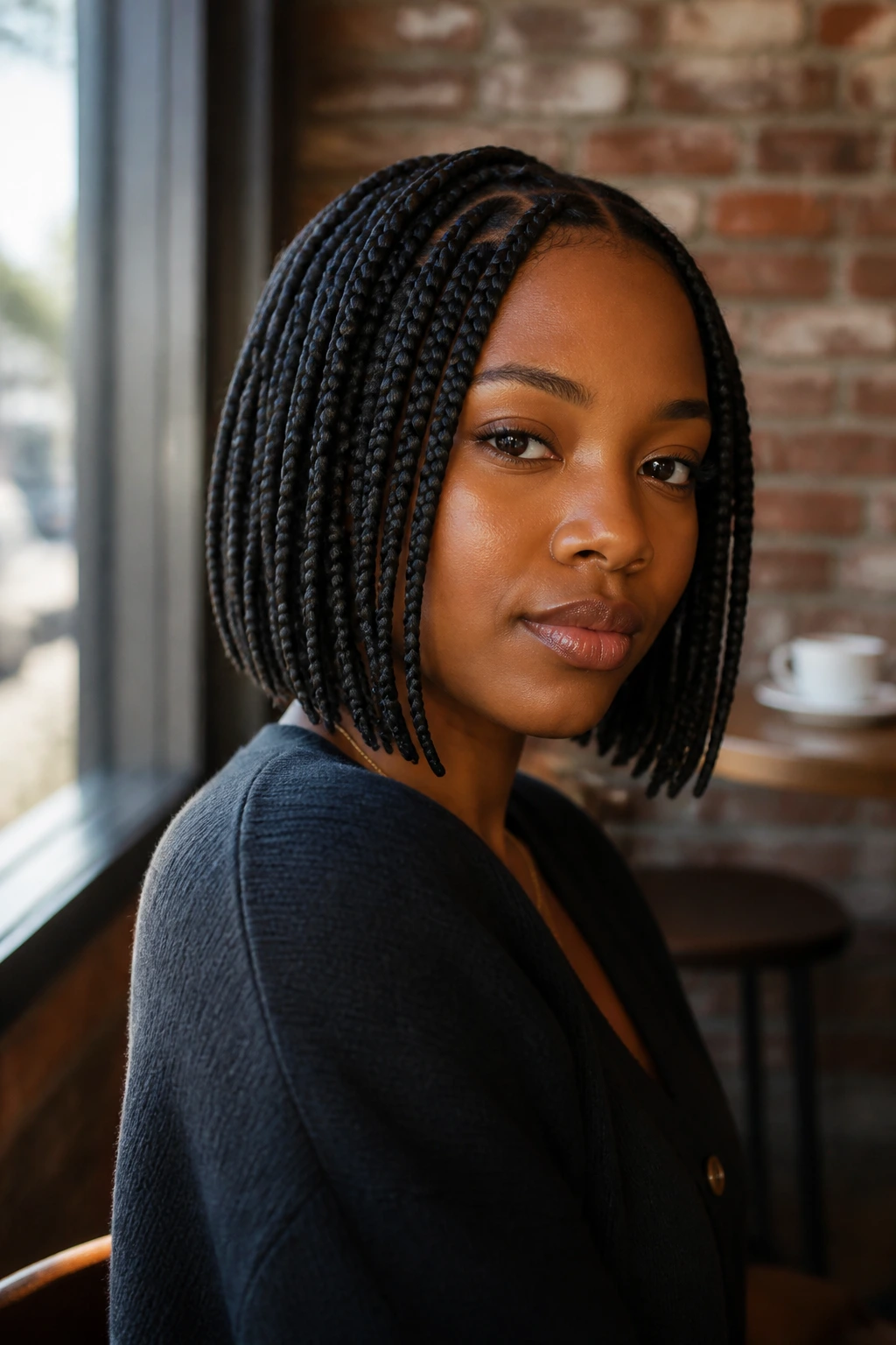 Close-up portrait of a real woman with short bob braids in a cafe setting, showcasing chic braided hairstyle.