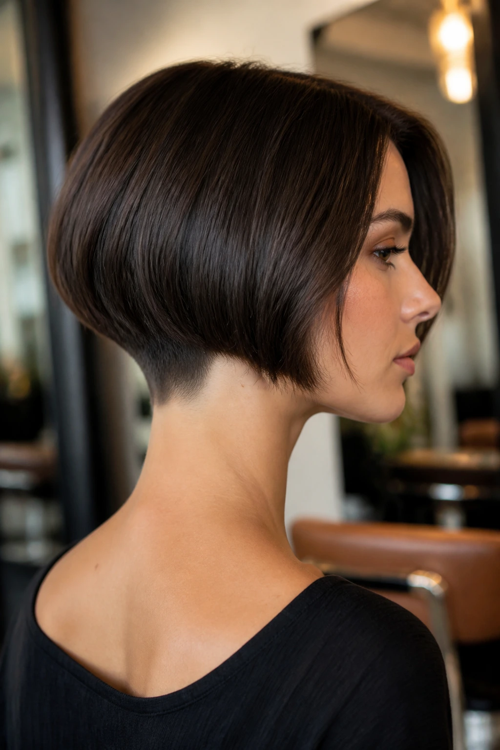 Close-up portrait of a real woman with a short bob and a V-shaped nape undercut