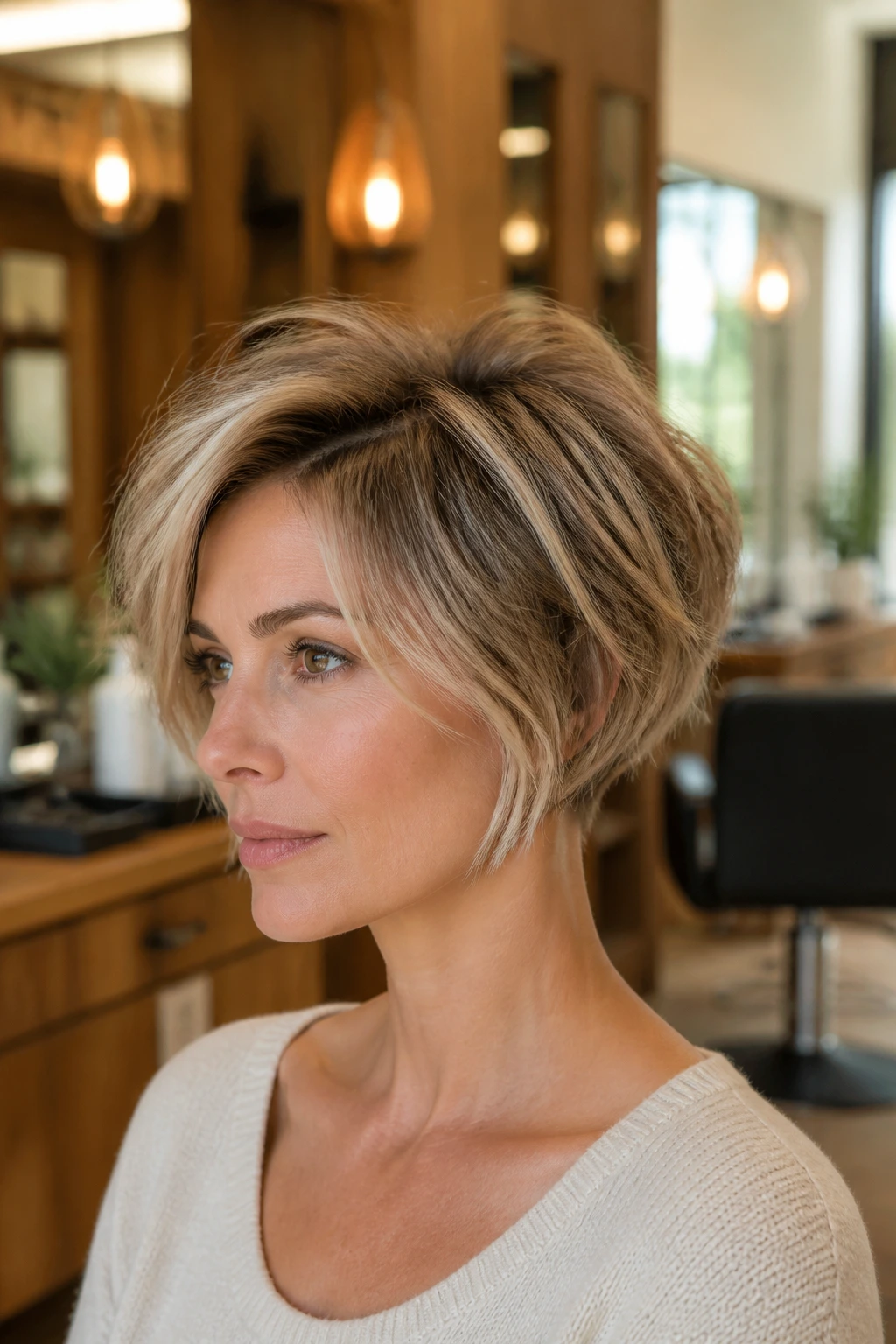 Close-up portrait of a real woman with a very short bob showing lifted roots for volume.