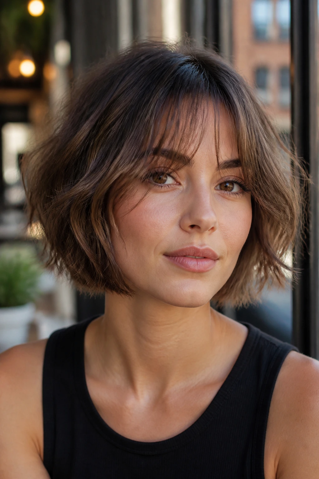 Close-up of a real woman with a short bob and wispy curtain bangs in sunlight.