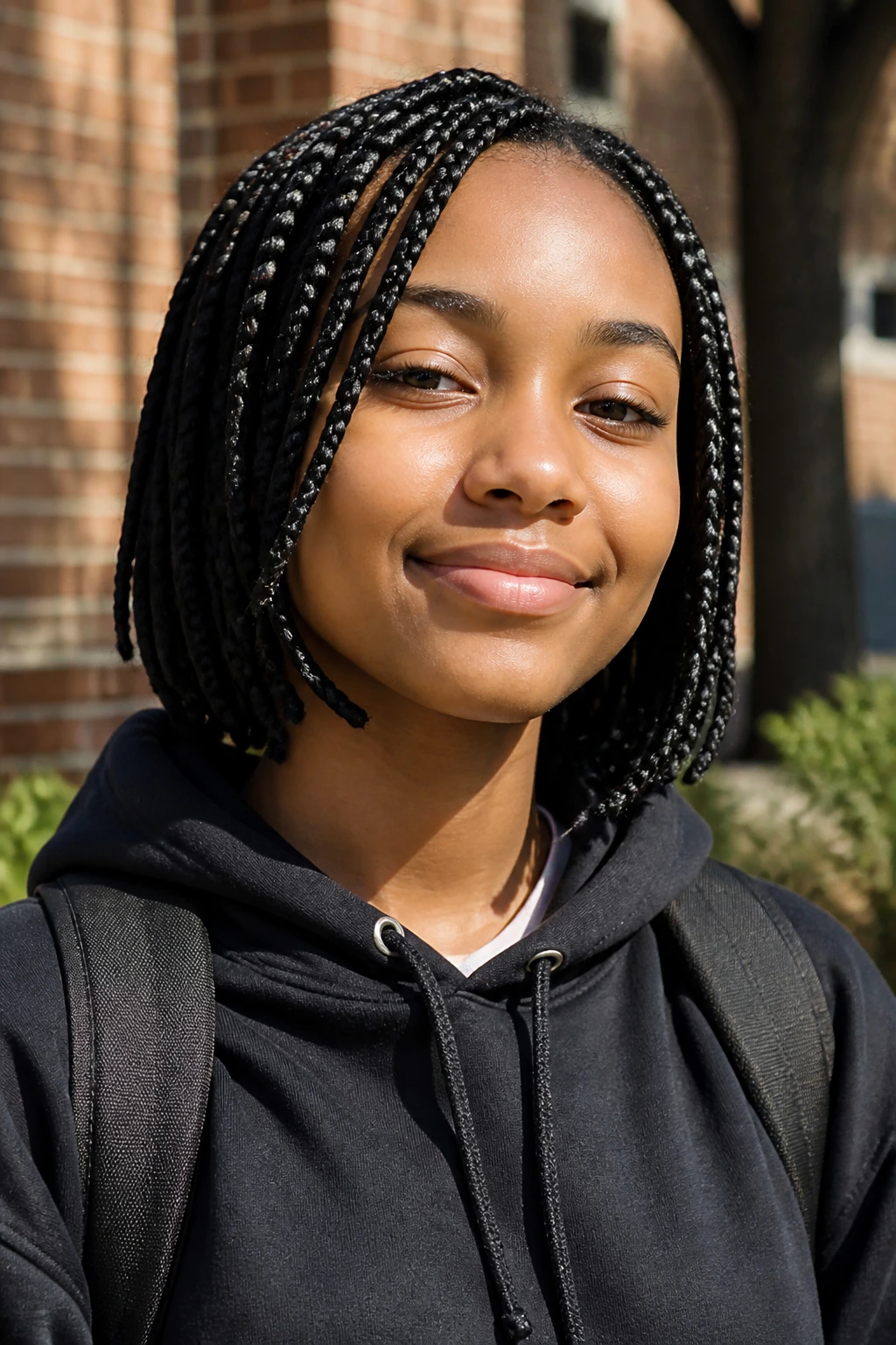 Portrait of a real student with short box braids in an outdoor courtyard