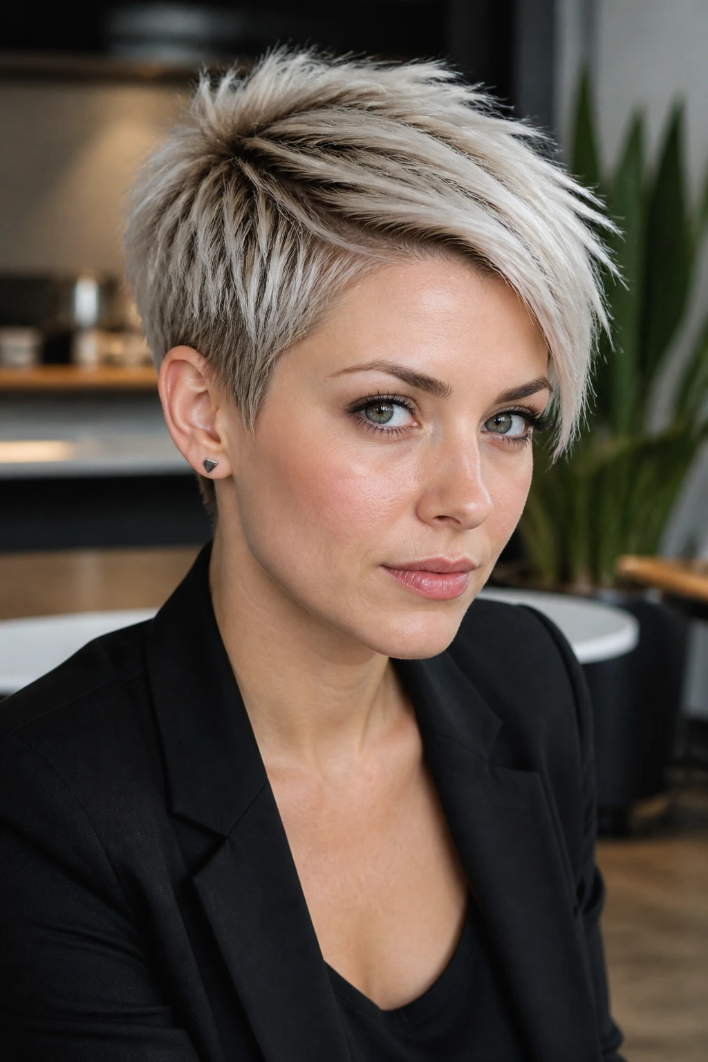 Close-up of a real woman with a short choppy crop and edgy side part in an office