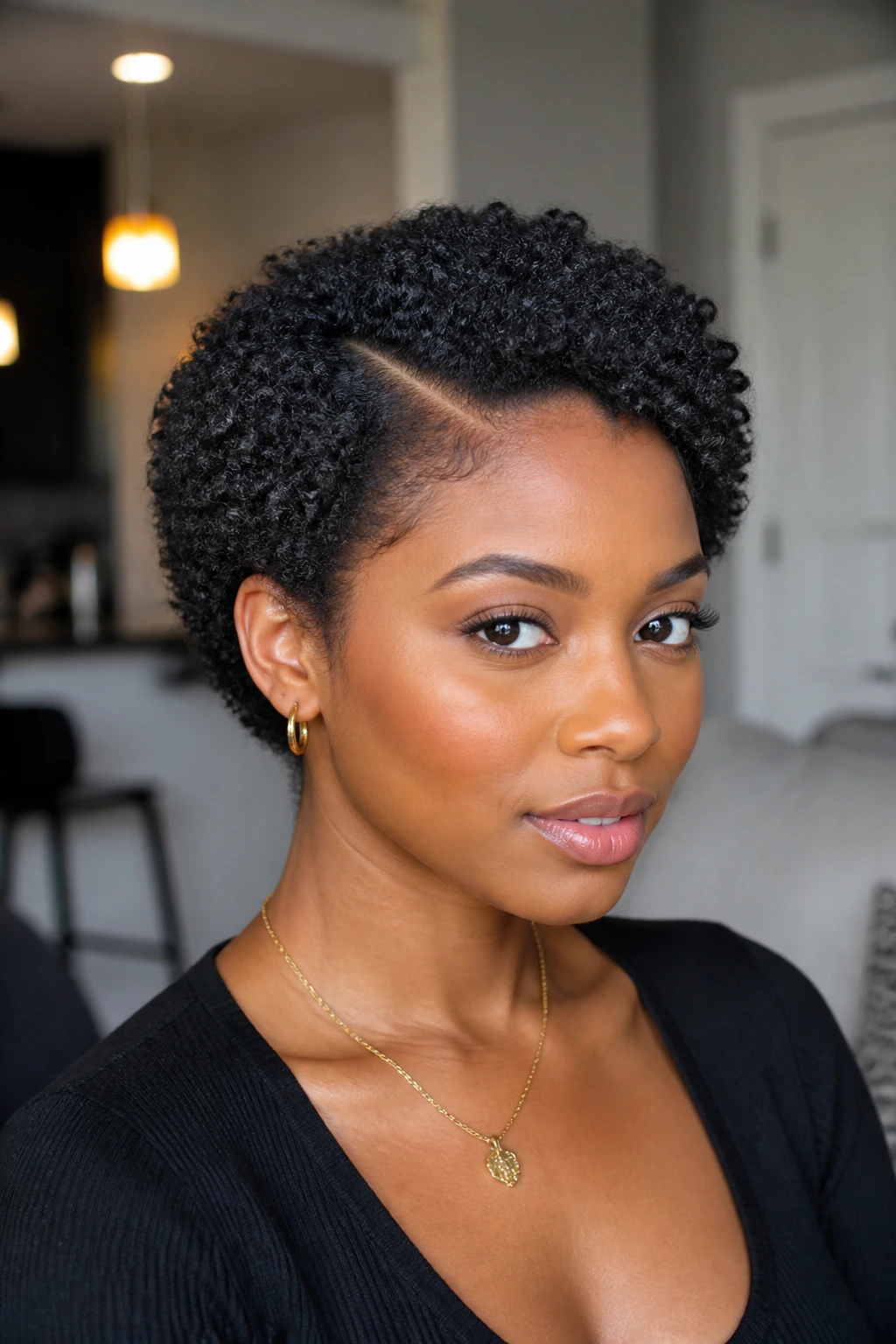 Close-up of a person with short coiled afro and side part