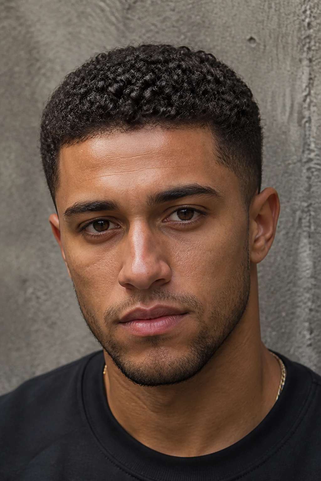 Man with short tight curly crop against textured wall.