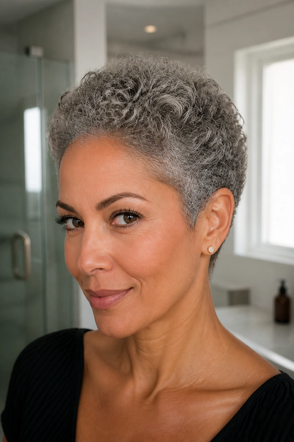 Close-up of a real person with a two-inch ultra-short feathered curl cap