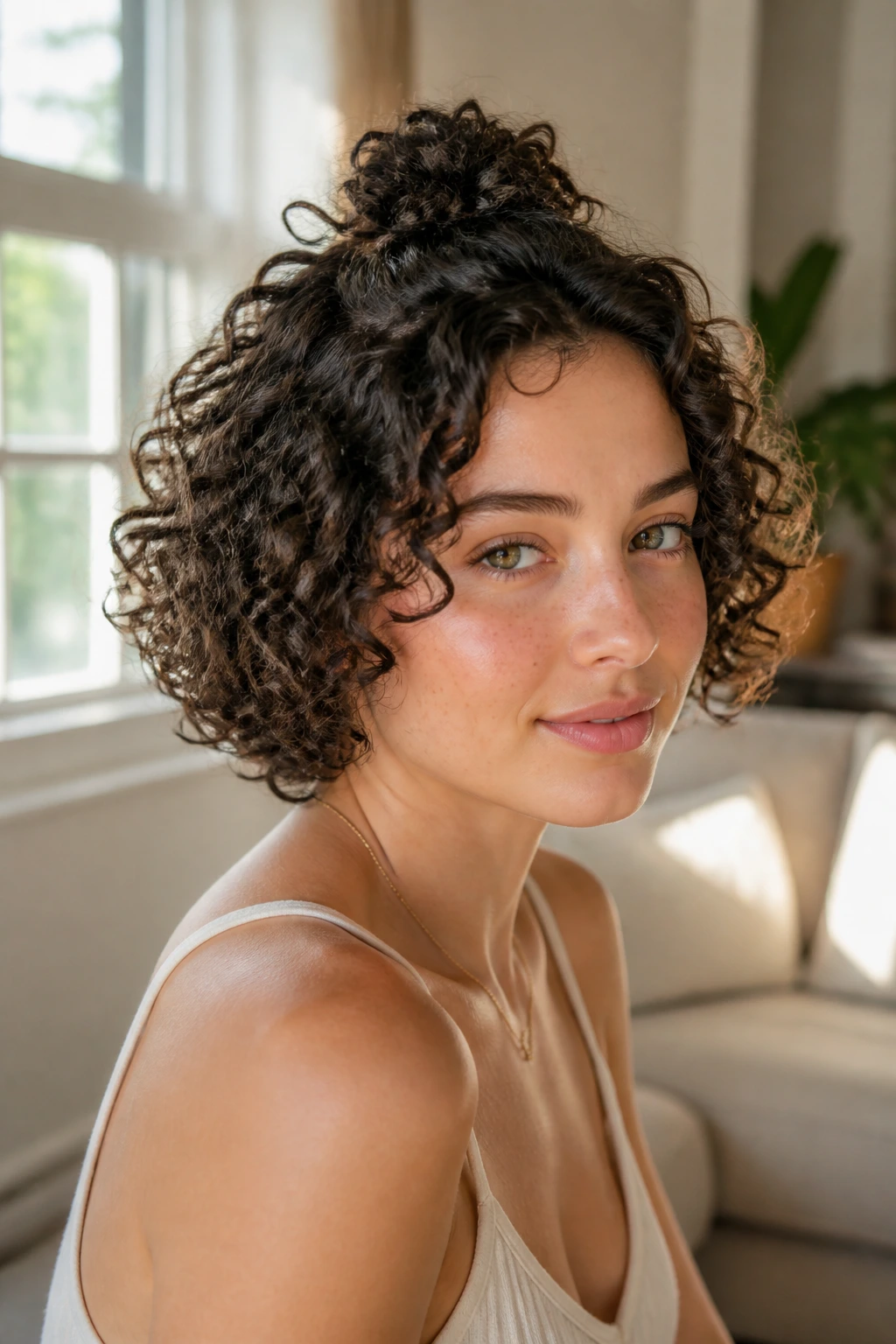 Close-up of a real woman with short curls and a mini bun