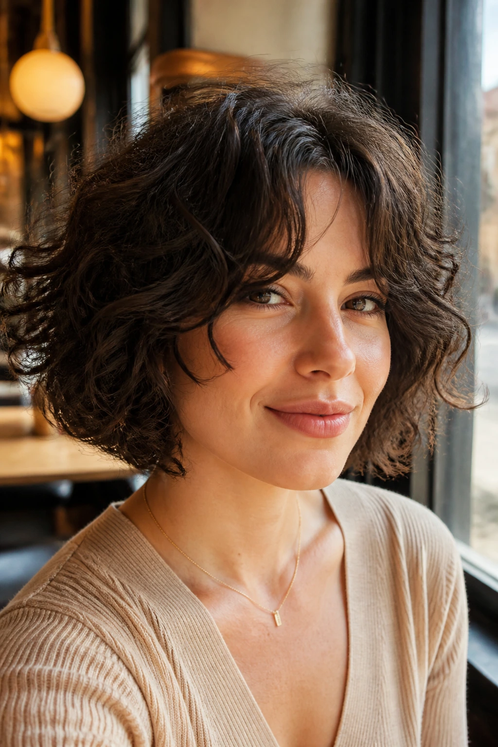 Real woman with short curly bob and curtain bangs in sunlit cafe