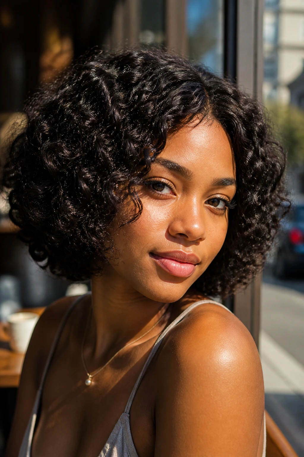 Close-up of a real woman with Short and Sassy Bob Curls, jaw-length bob curls
