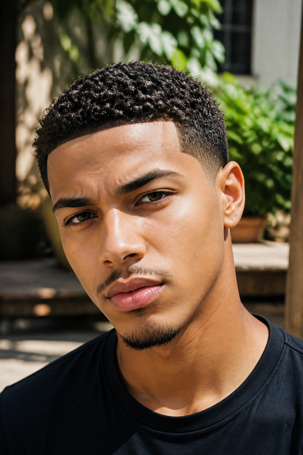 Man with short curly crop and crisp line-up outdoors