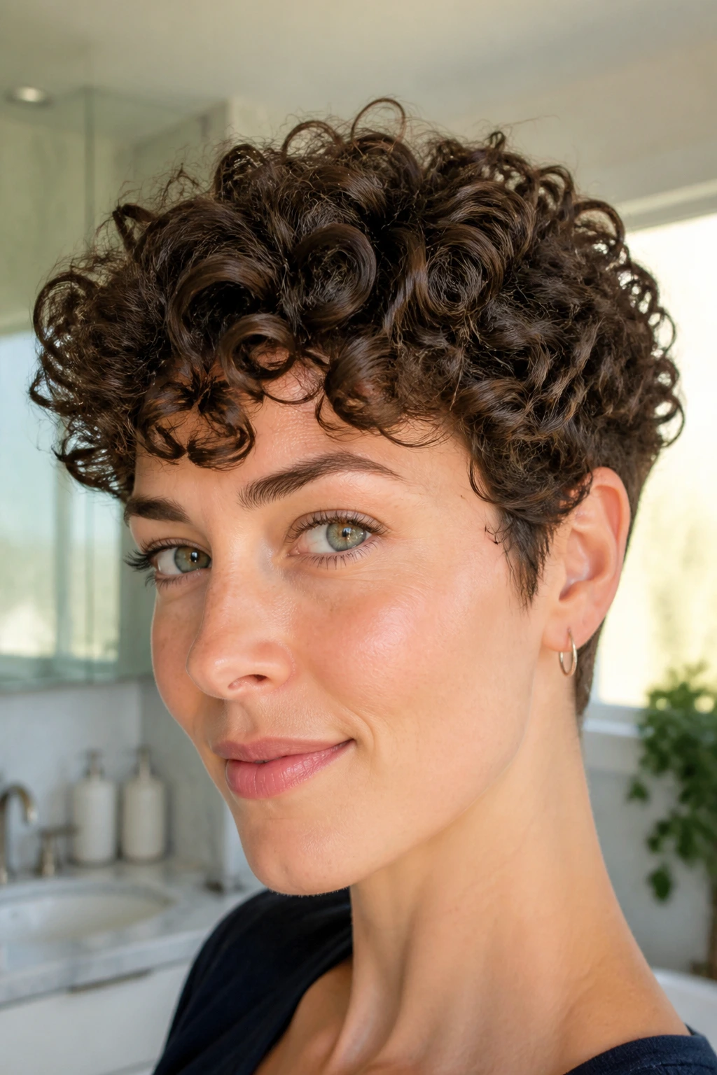 Close-up of a person with a short curly crop and defined ringlets in bright bathroom light