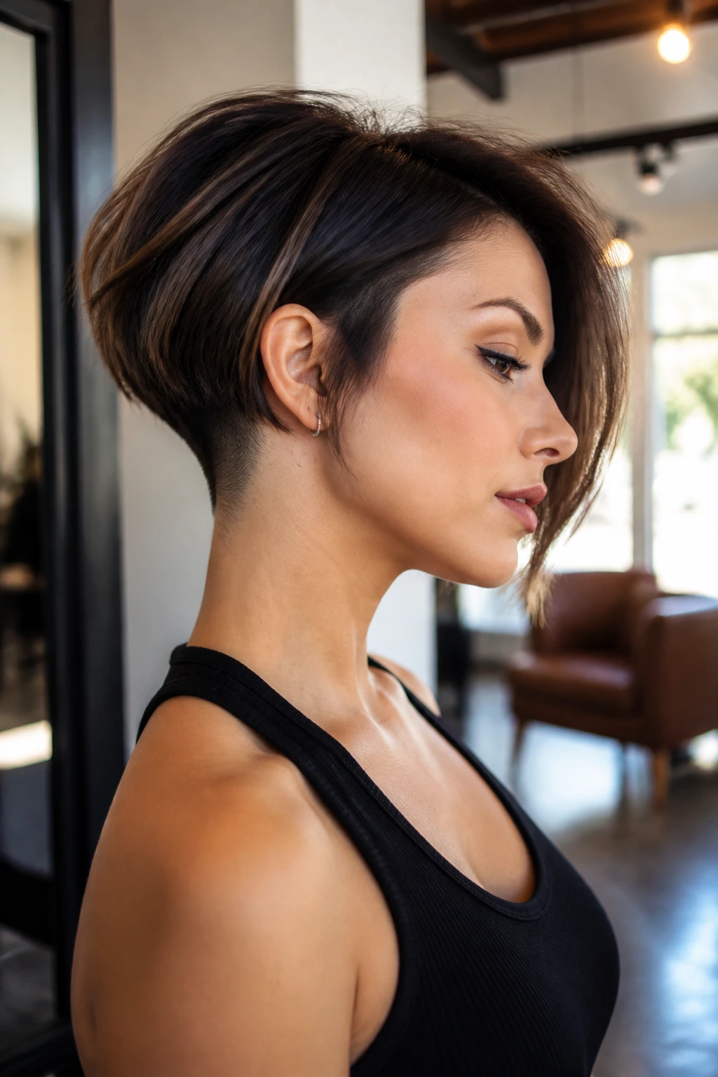 Portrait of a woman with a short graduated bob and deep nape undercut
