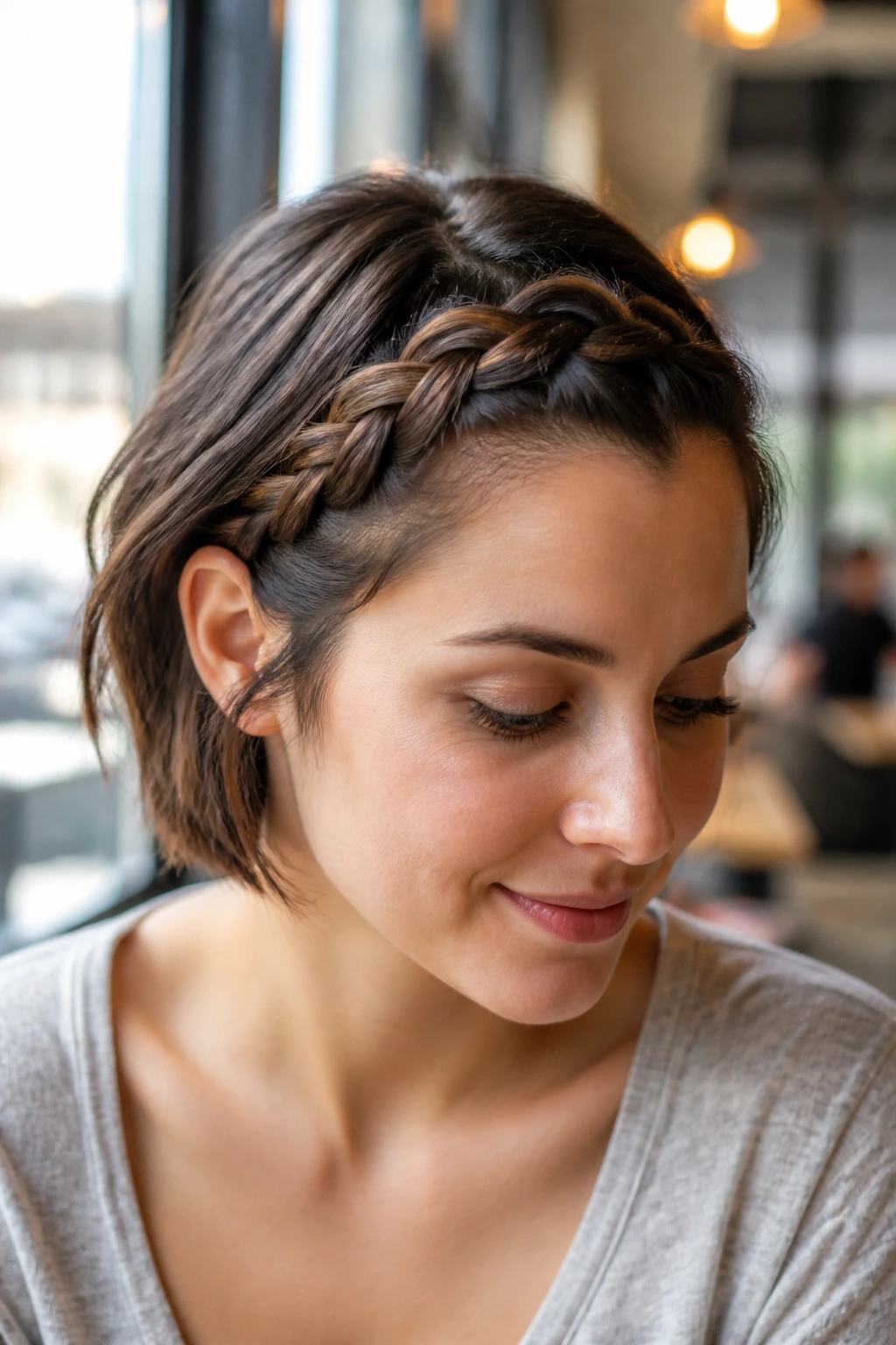 Close-up of a real woman with a short braided headband hairstyle in a cafe setting