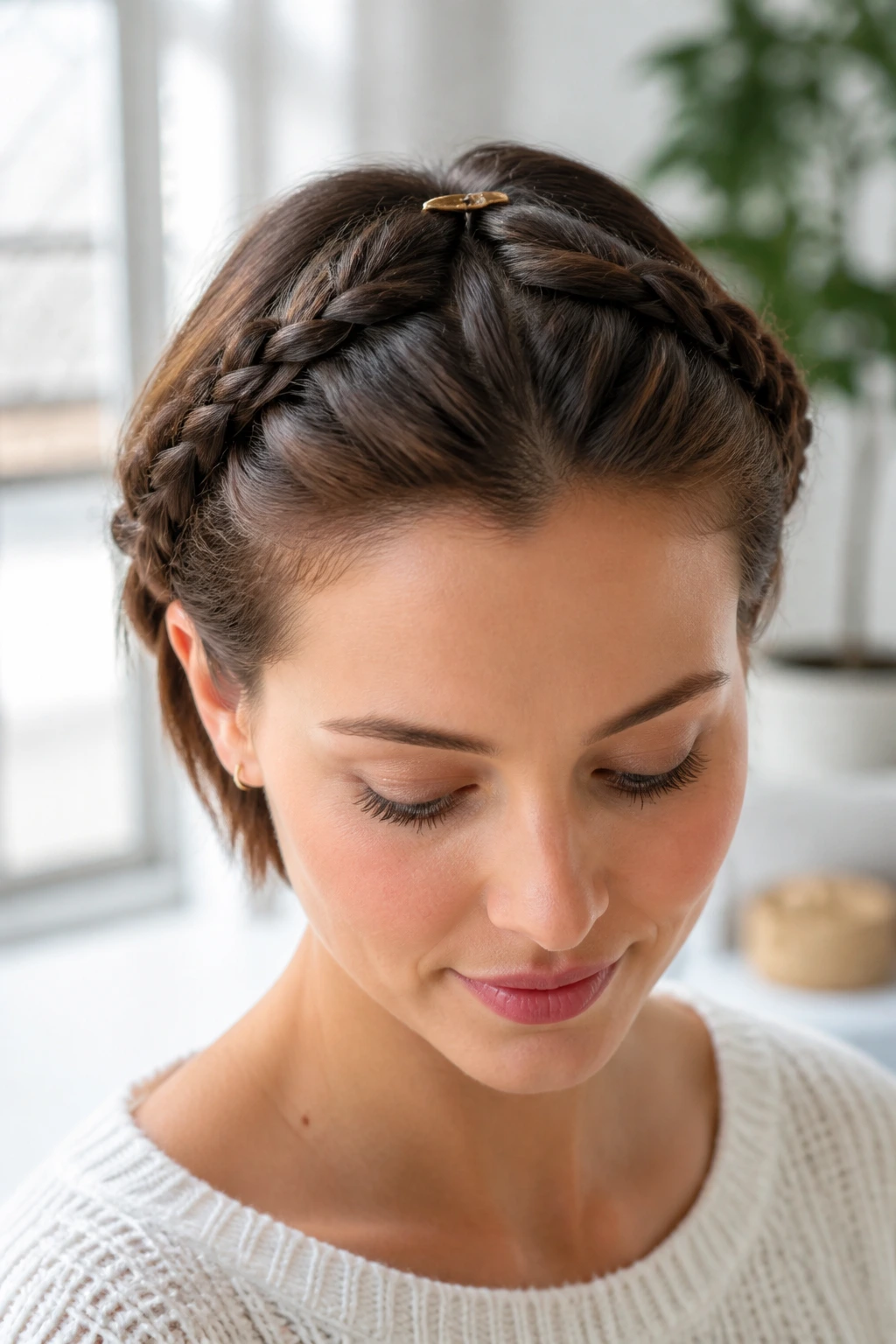 Close-up of a woman with two short Dutch braids forming a crown on short hair