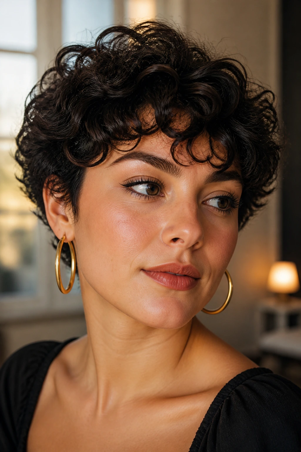 Portrait of a real woman with short curly hair wearing bold gold hoops in warm window light