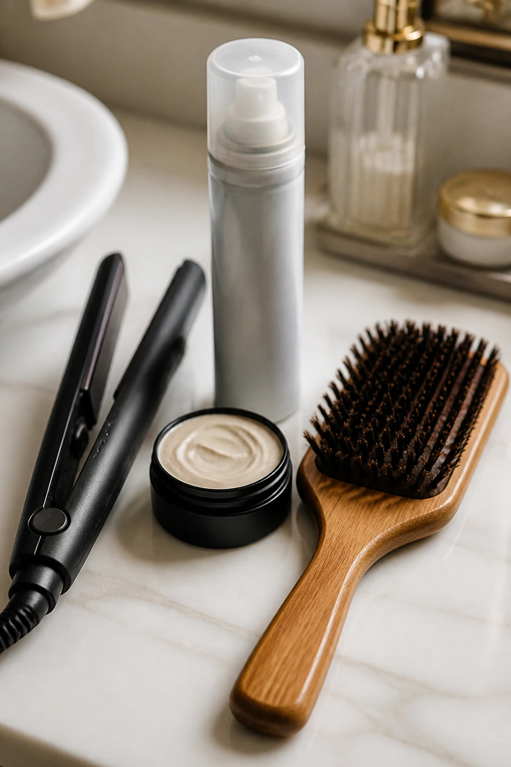 Close-up of short-hair toolkit items on a bathroom counter