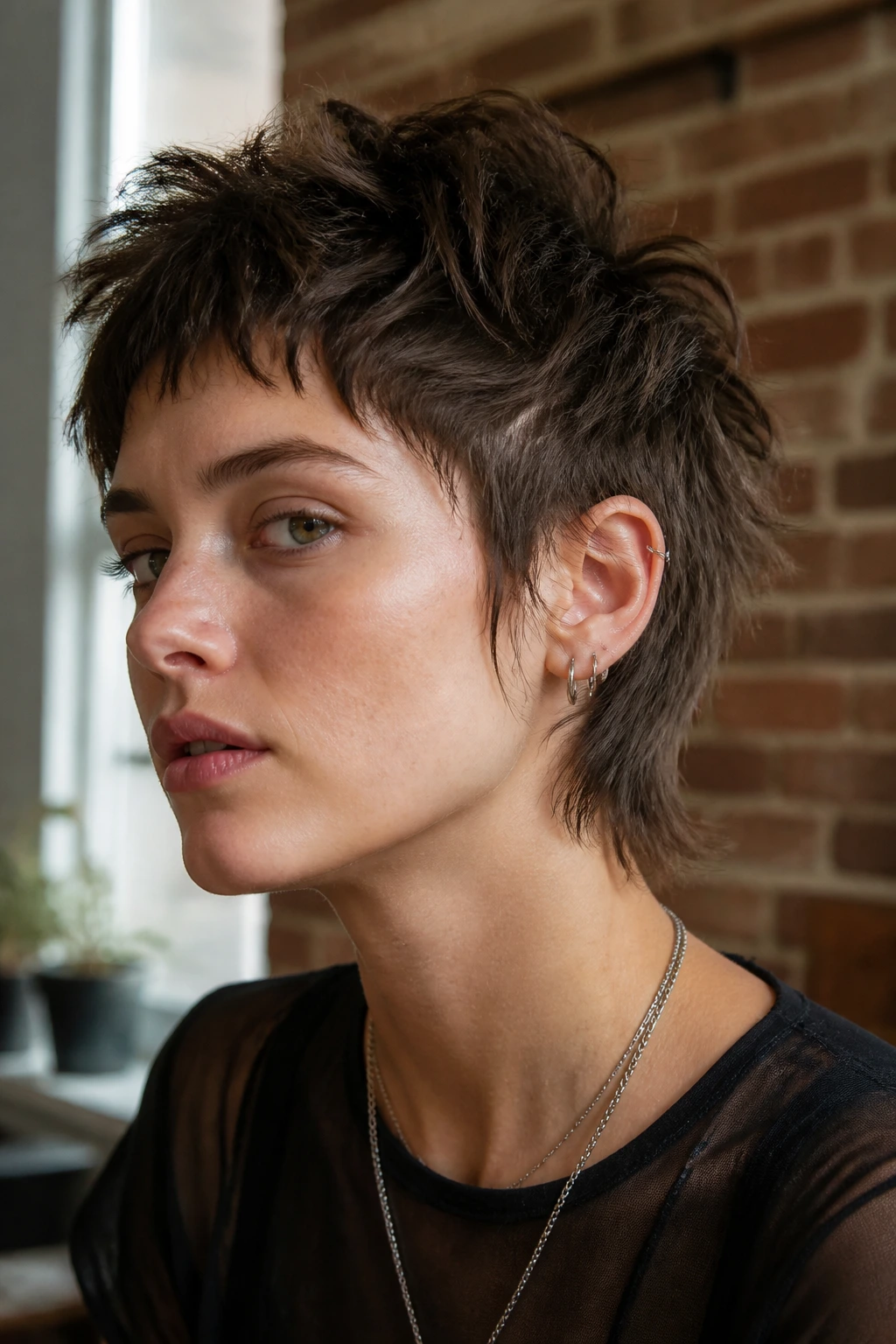Close-up of a person with a short cropped cut featuring disconnected layers