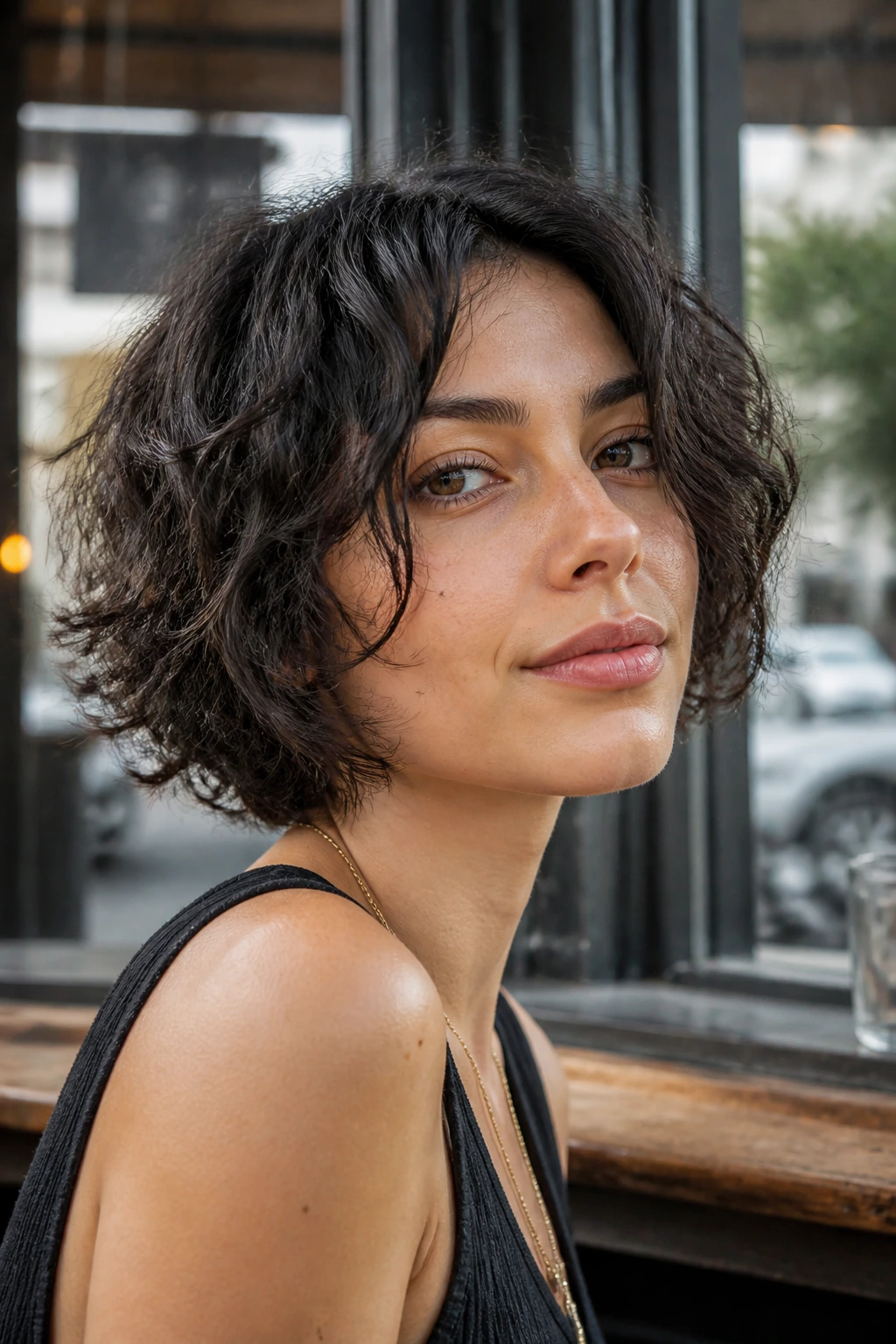 Portrait of a woman with a short layered 'Cool Girl' bob featuring outward flicks and a messy middle part