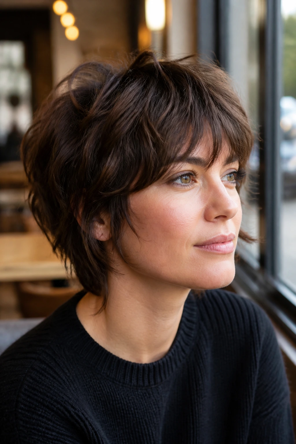 Close-up of a real woman with a short layered shag creating cushiony volume.
