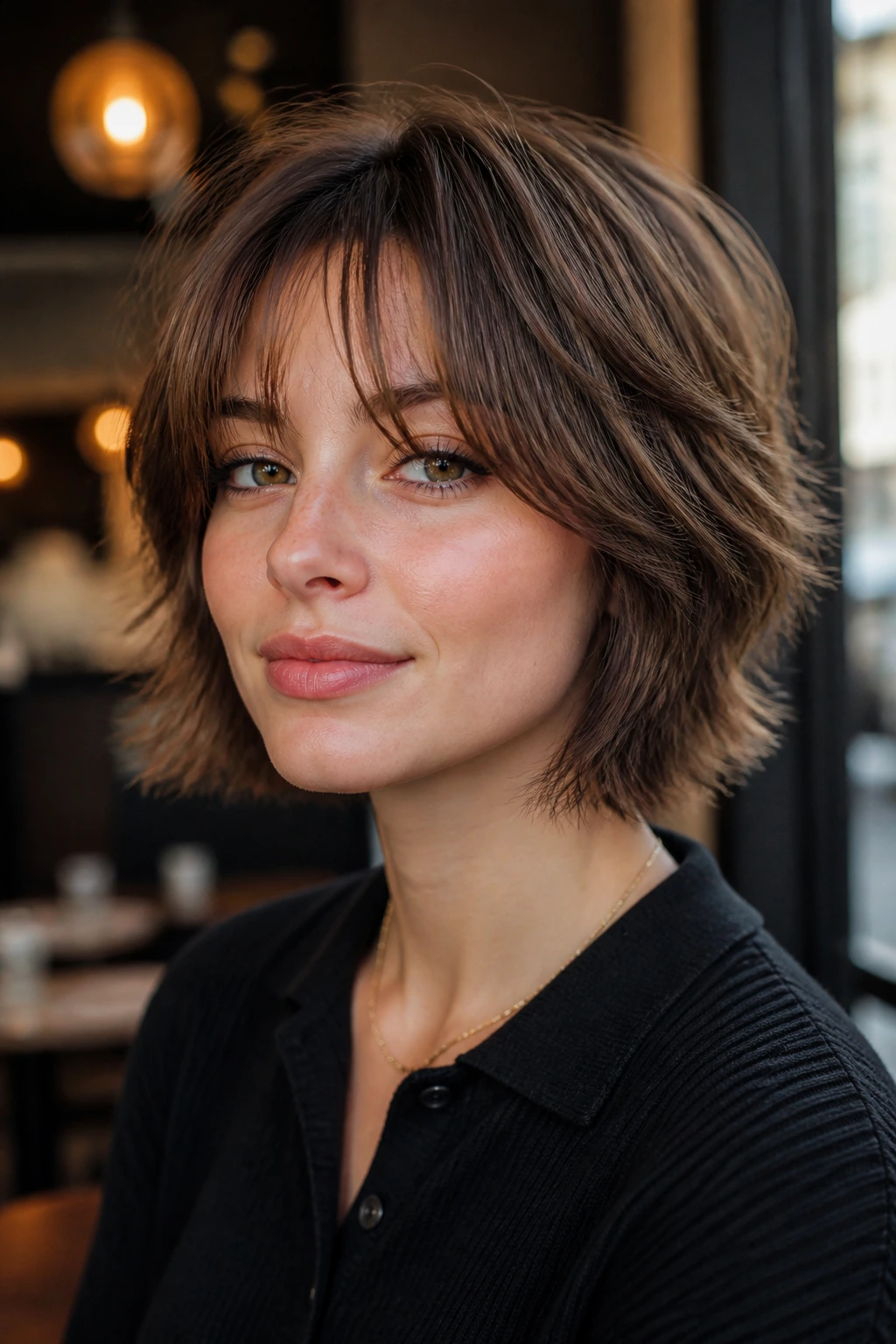 Close-up of a real woman with jaw-length shag and wispy curtain bangs.
