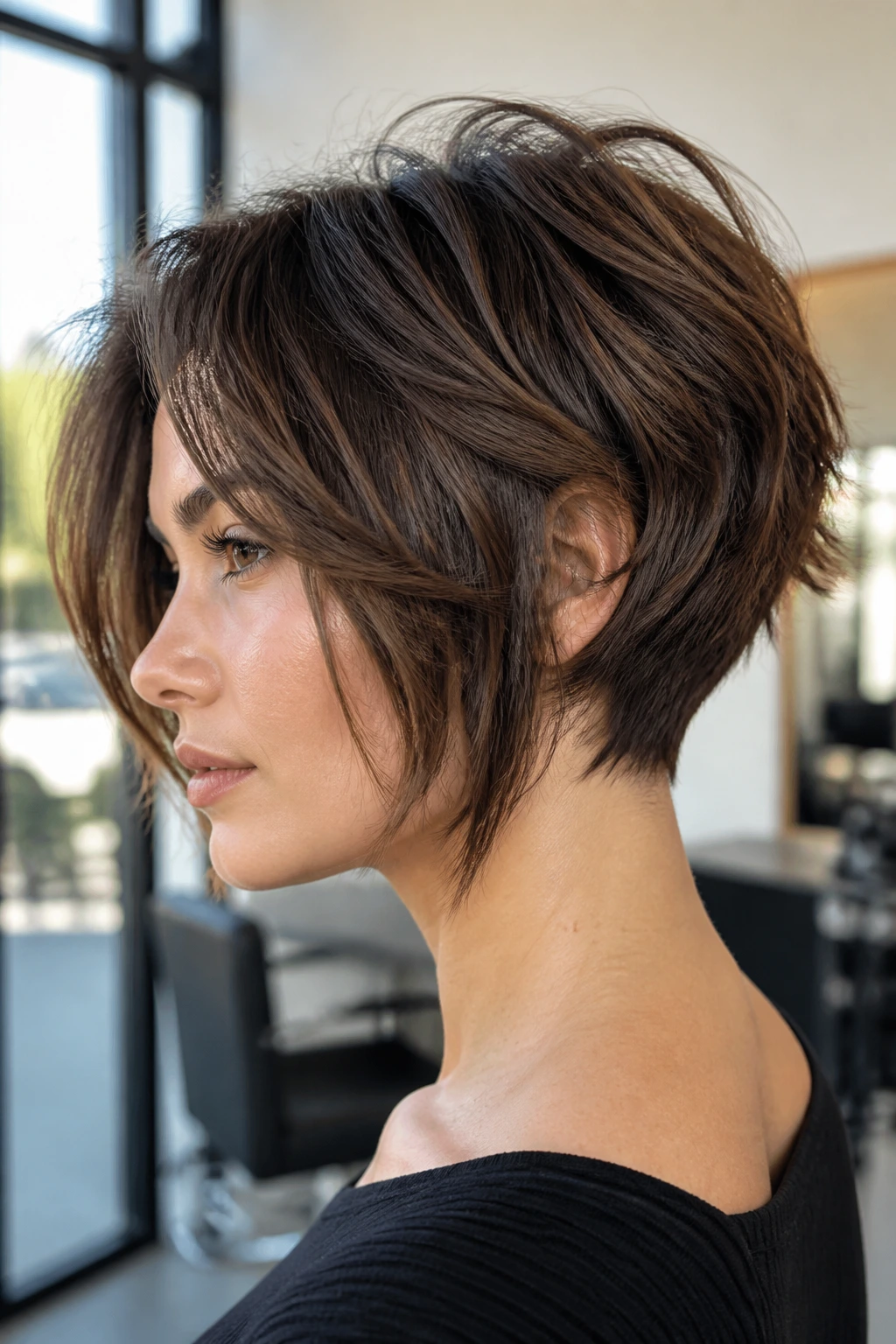 Close-up portrait of a real person with a short nape and longer front layers in soft salon light