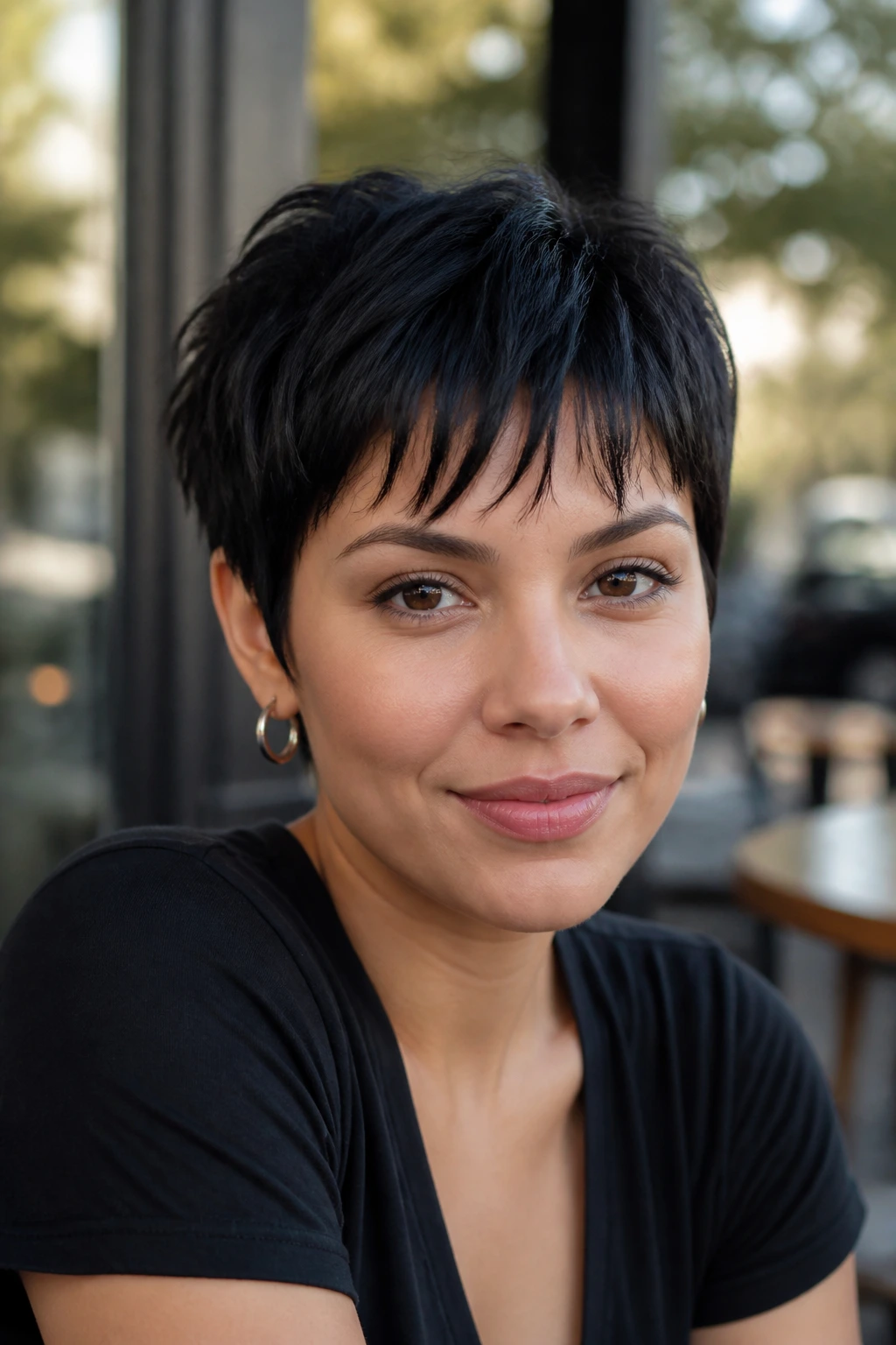 Close-up of a real woman with short pixie cut and choppy bangs in outdoor cafe light