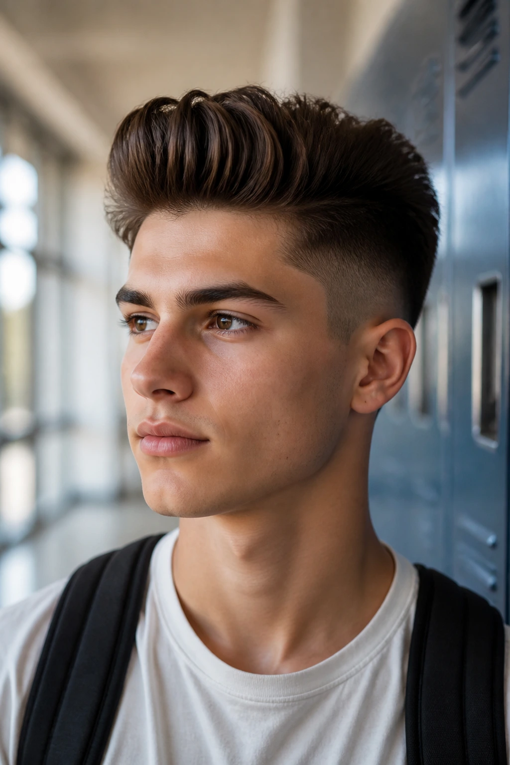 Close-up portrait of a real person with a classic short-sides quiff in a school hallway.