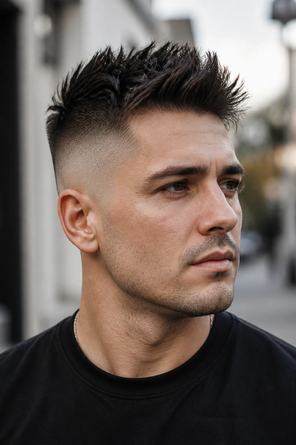 Close-up of a real person with short vertical spikes on top and shaved sides undercut.