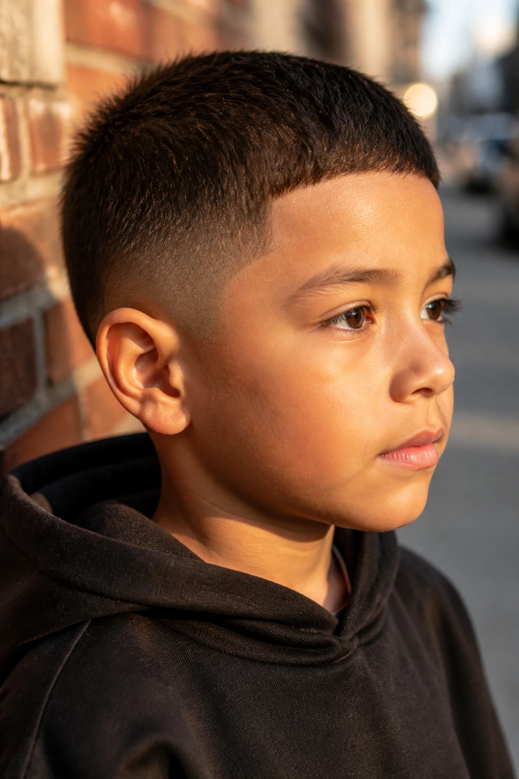 Portrait of a child with a short taper fade outdoors.