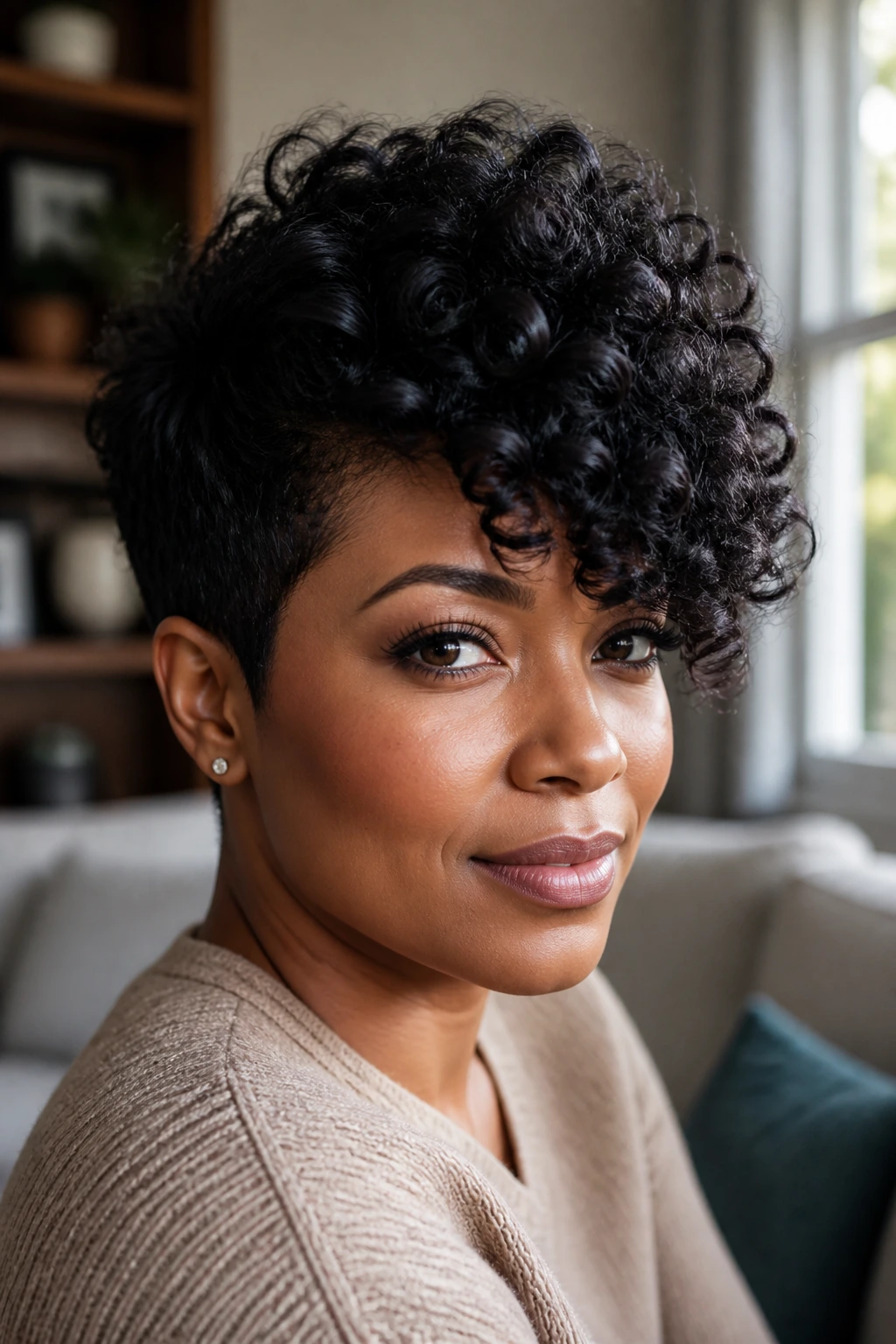 Close-up of a real Black woman with a short tapered cut and voluminous side-sweep
