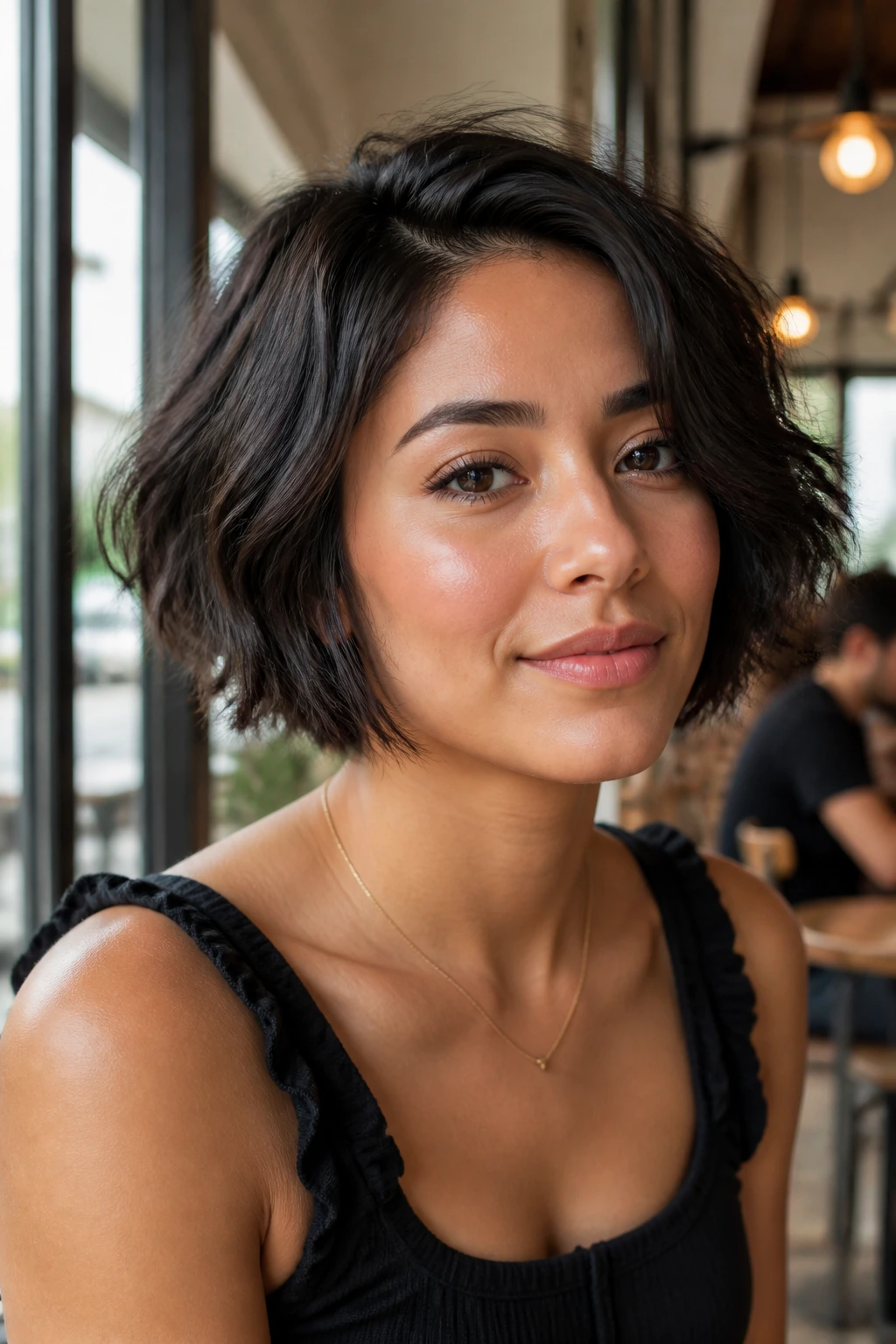Close-up of Latina with short textured bob hairstyle