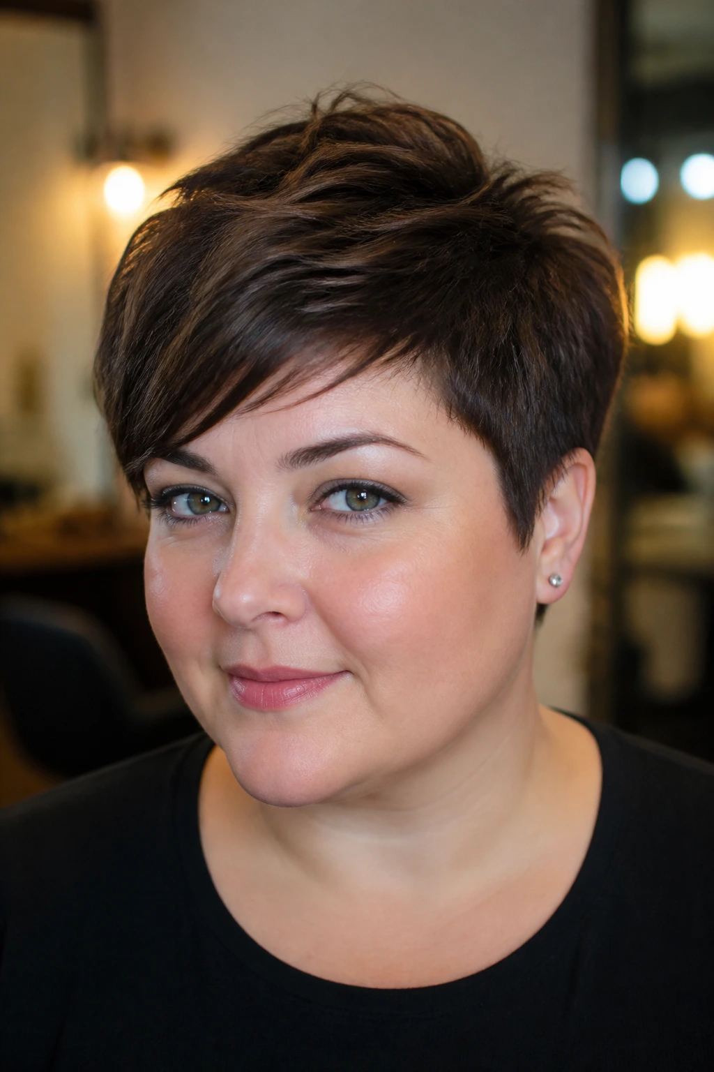 Close-up portrait of a real woman with a short textured crop and side fringe.