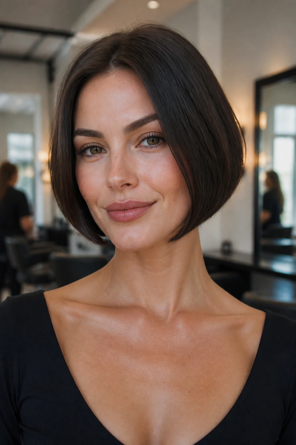 Close-up portrait of a real woman with a short V-cut bob highlighting the jawline.