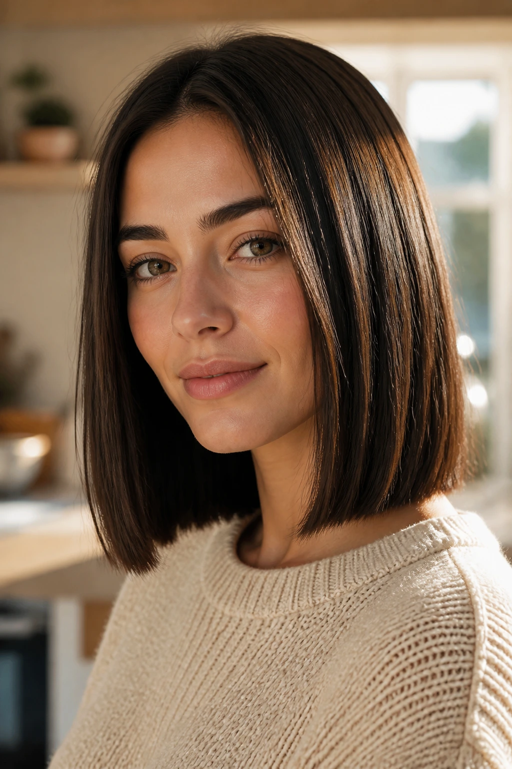Close-up of a real person with a one-length shoulder bob in natural light
