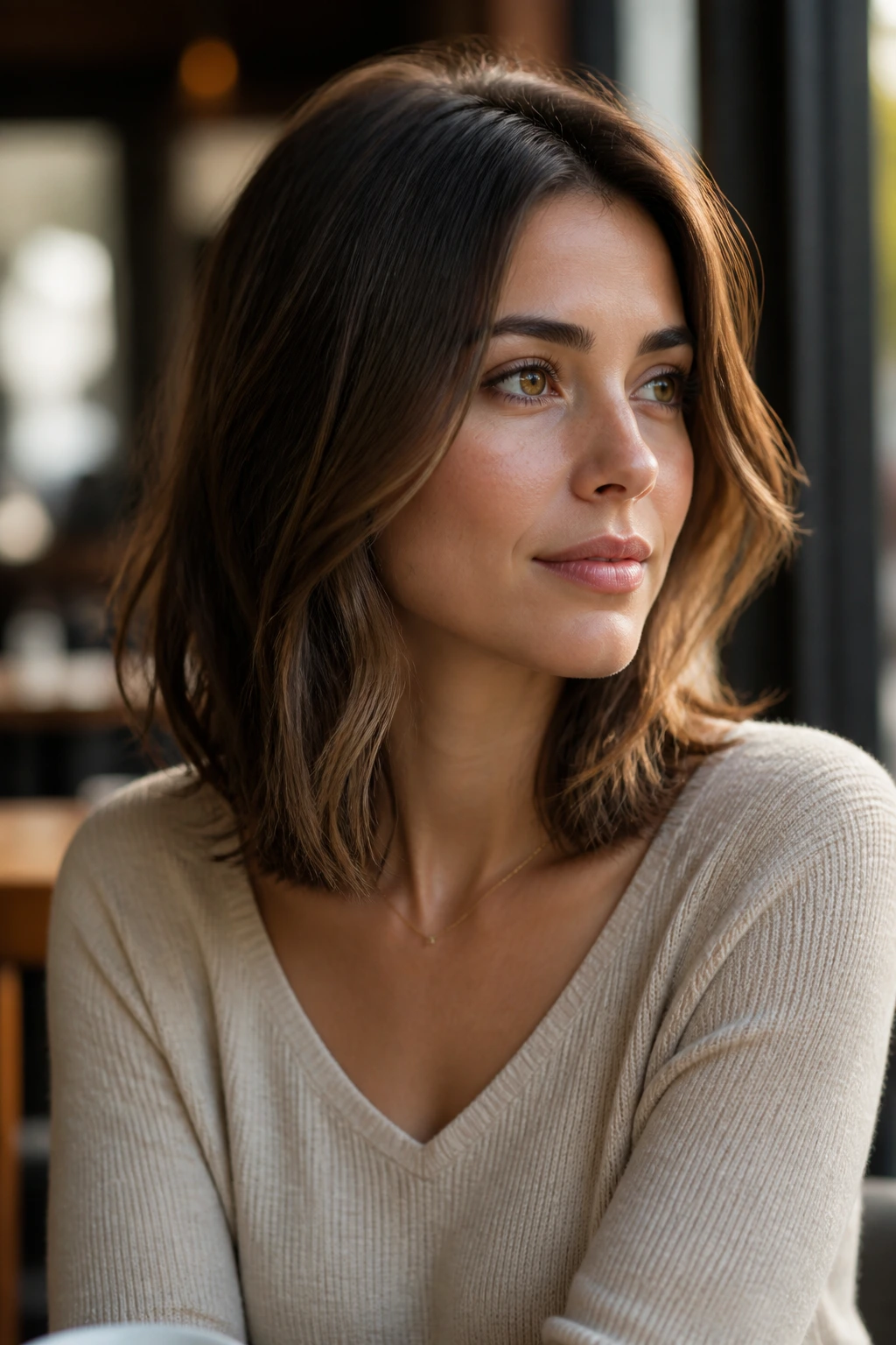 Real woman with shoulder-length clavicle cut hairstyle