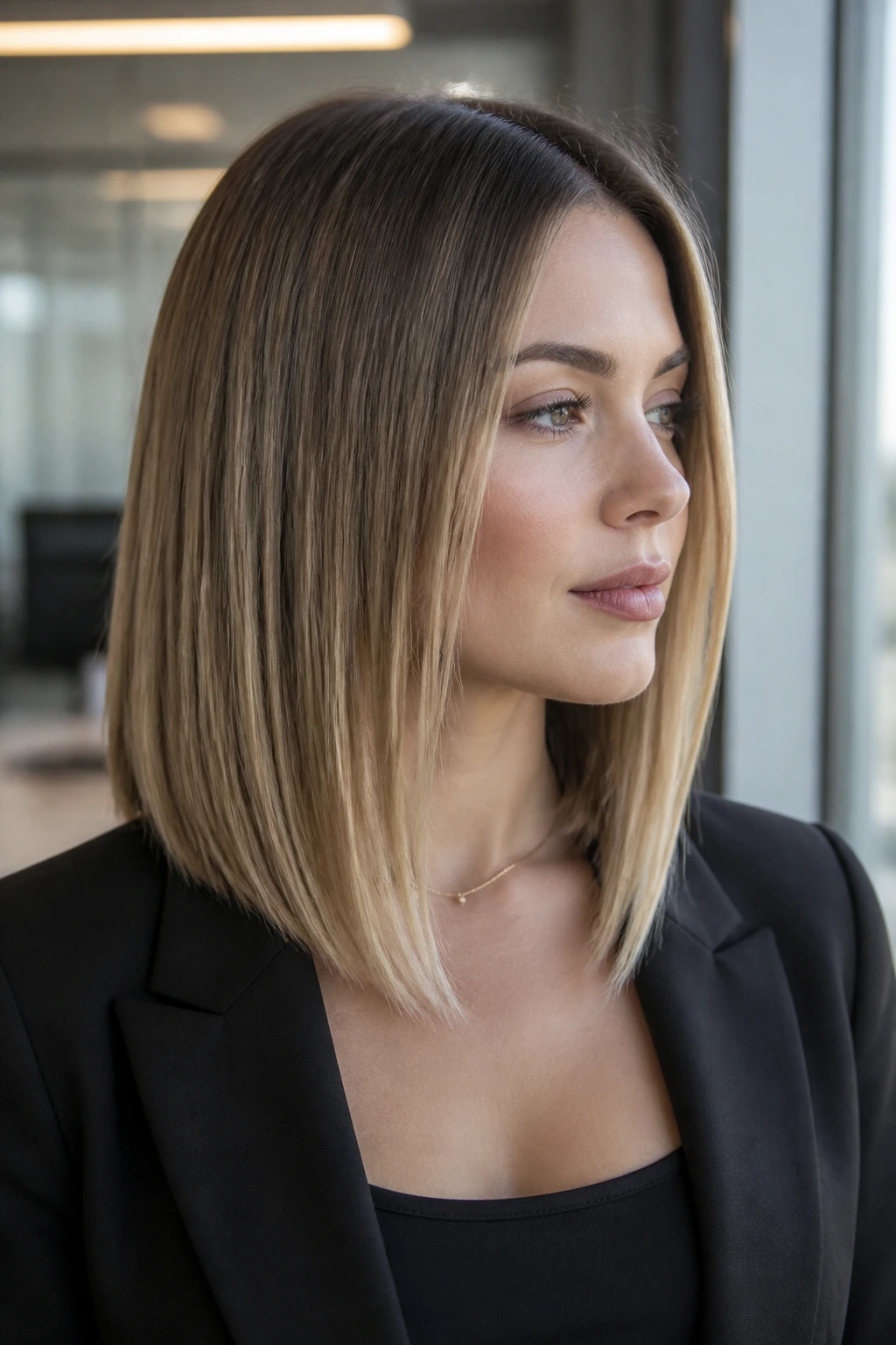 Close-up portrait showing shoulder-grazing angled front with blunt back hairstyle