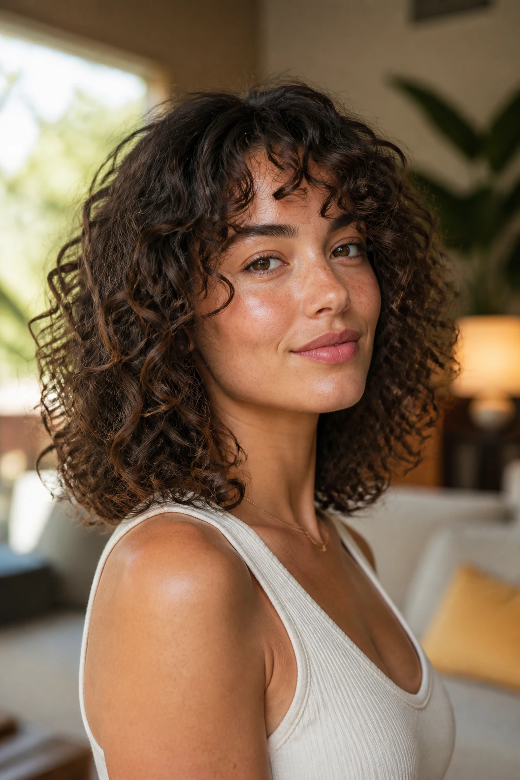 Close-up of a real woman with shoulder-grazing layered curls in a sunlit living room.