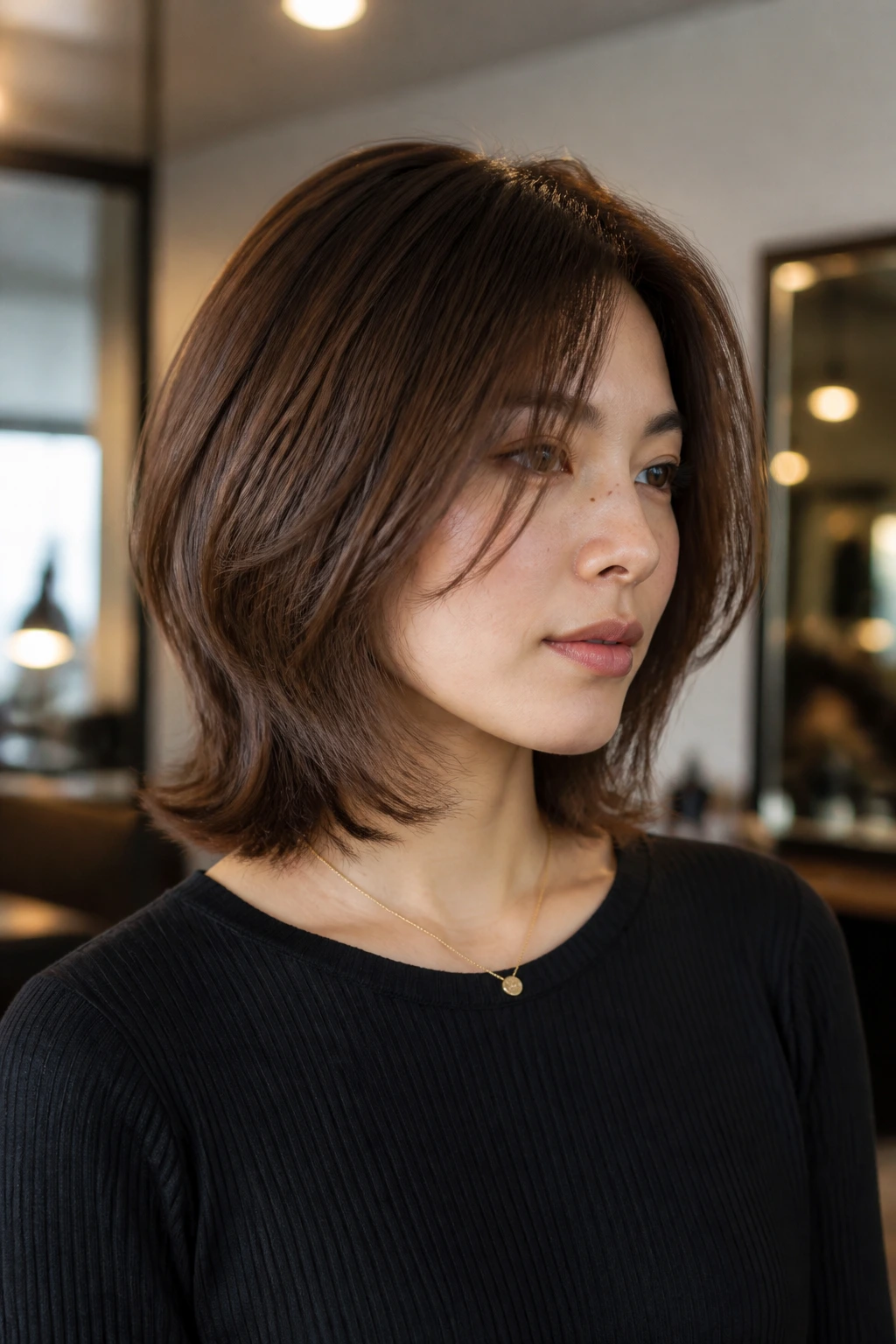 Close-up of a real woman with shoulder-grazing flip-out lob and outward flipped ends