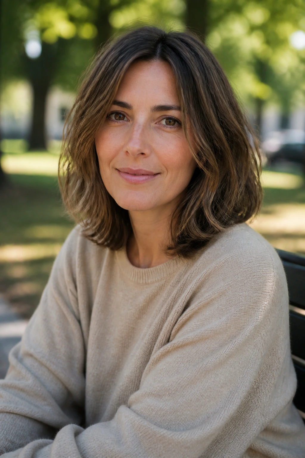 Portrait of a woman with shoulder-length lob and subtle layers in natural light