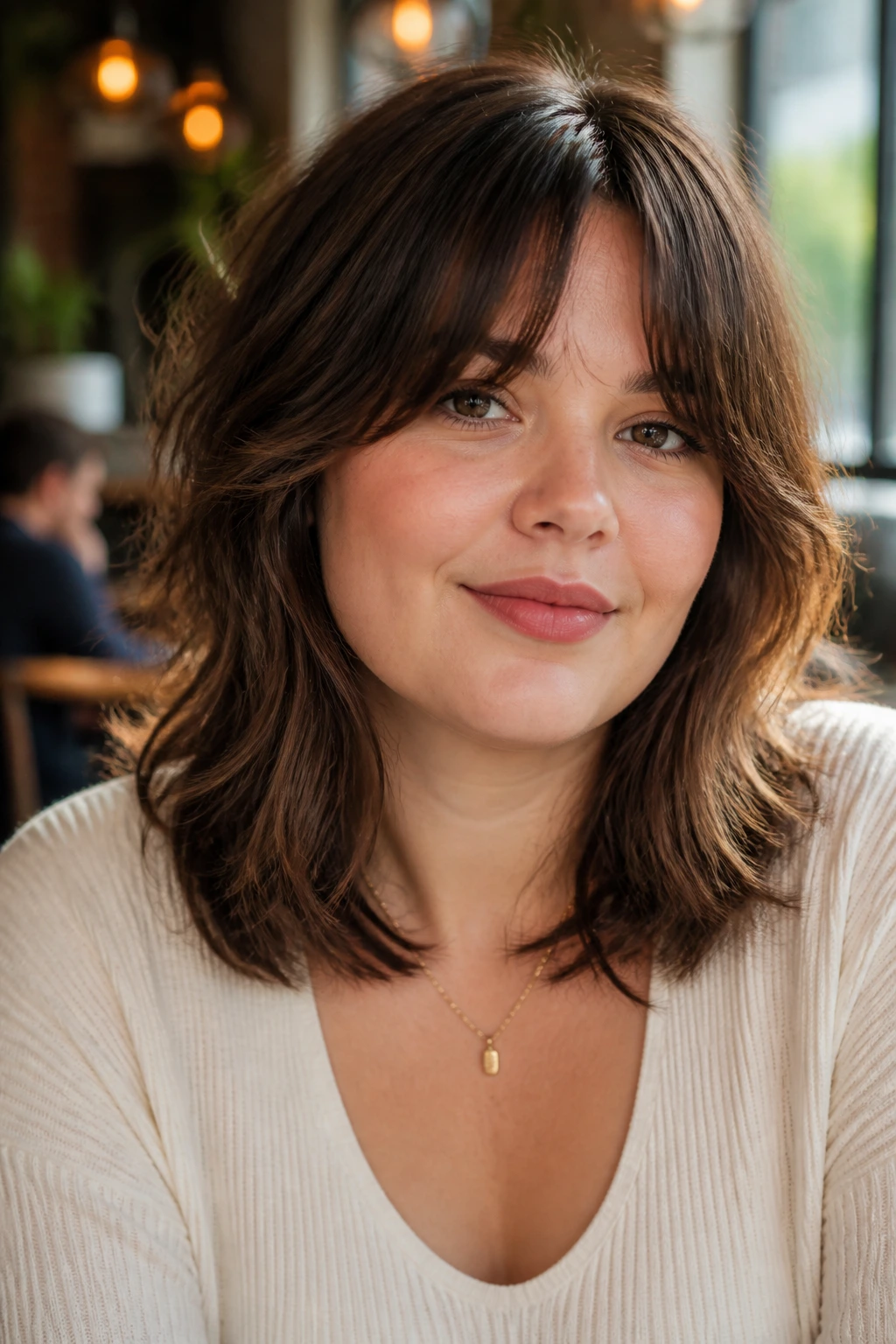 Close-up portrait of a real woman with shoulder-grazing shag and curtain bangs