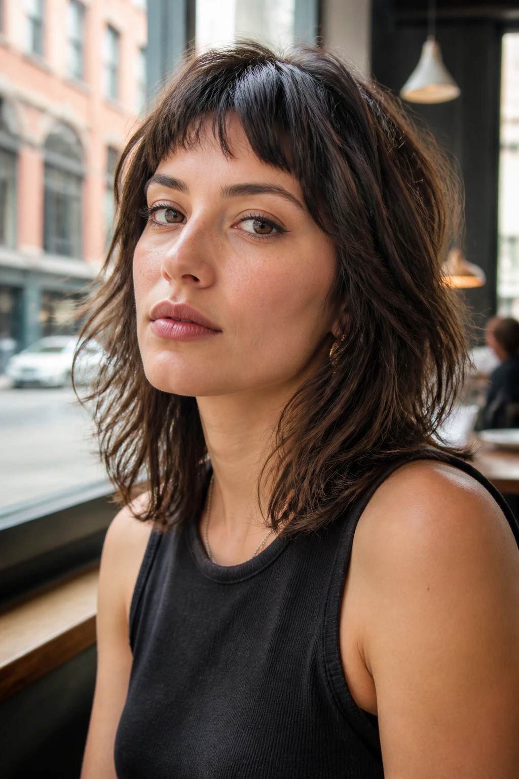 Portrait of shoulder-grazing shag with micro-bangs on a real person in daylight