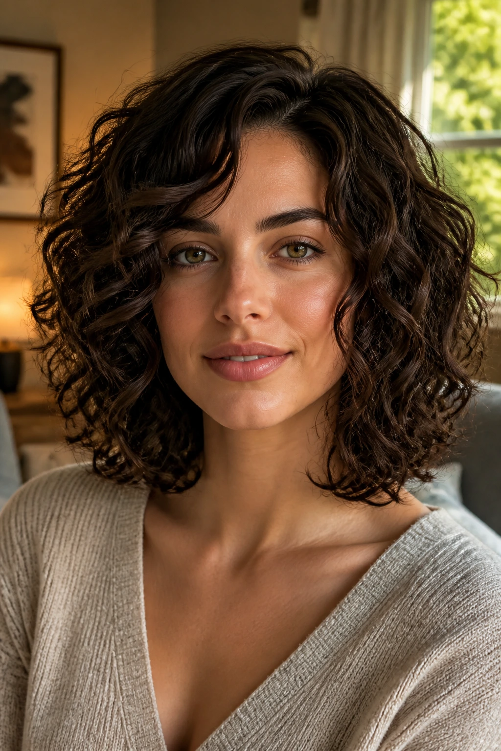 Close-up portrait of a real woman with a soft shoulder-length curly bob filling the frame