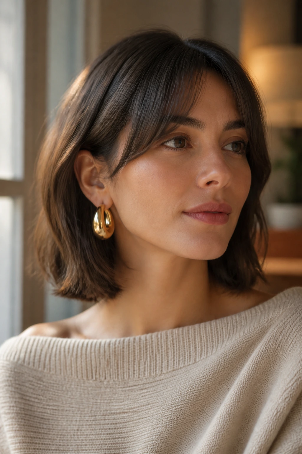 Portrait of a woman with shoulder-length bob and curtain bangs showing earrings and neckline.