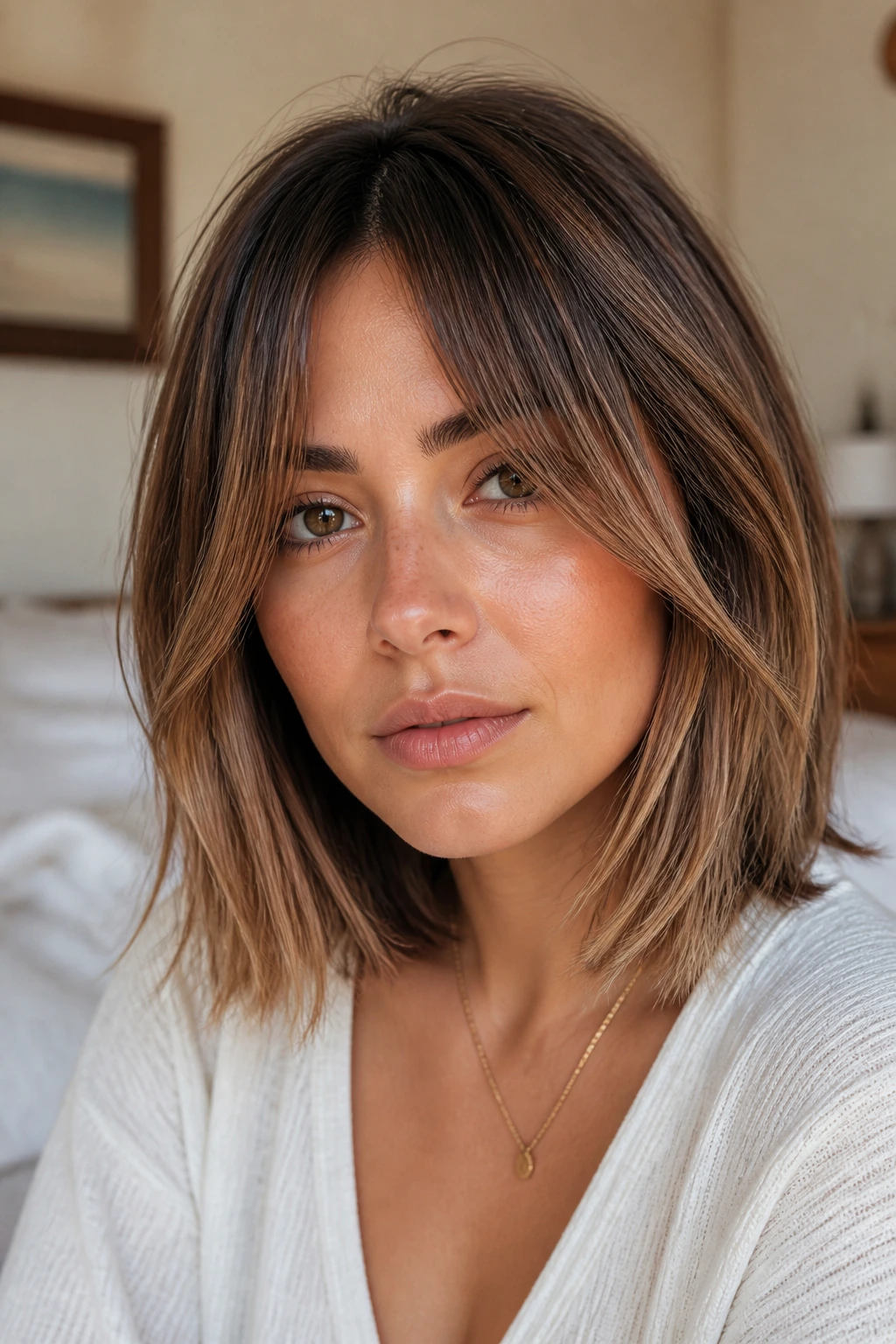 Close-up portrait of a real woman with a shoulder-length bob and curtain bangs in a cozy bedroom.