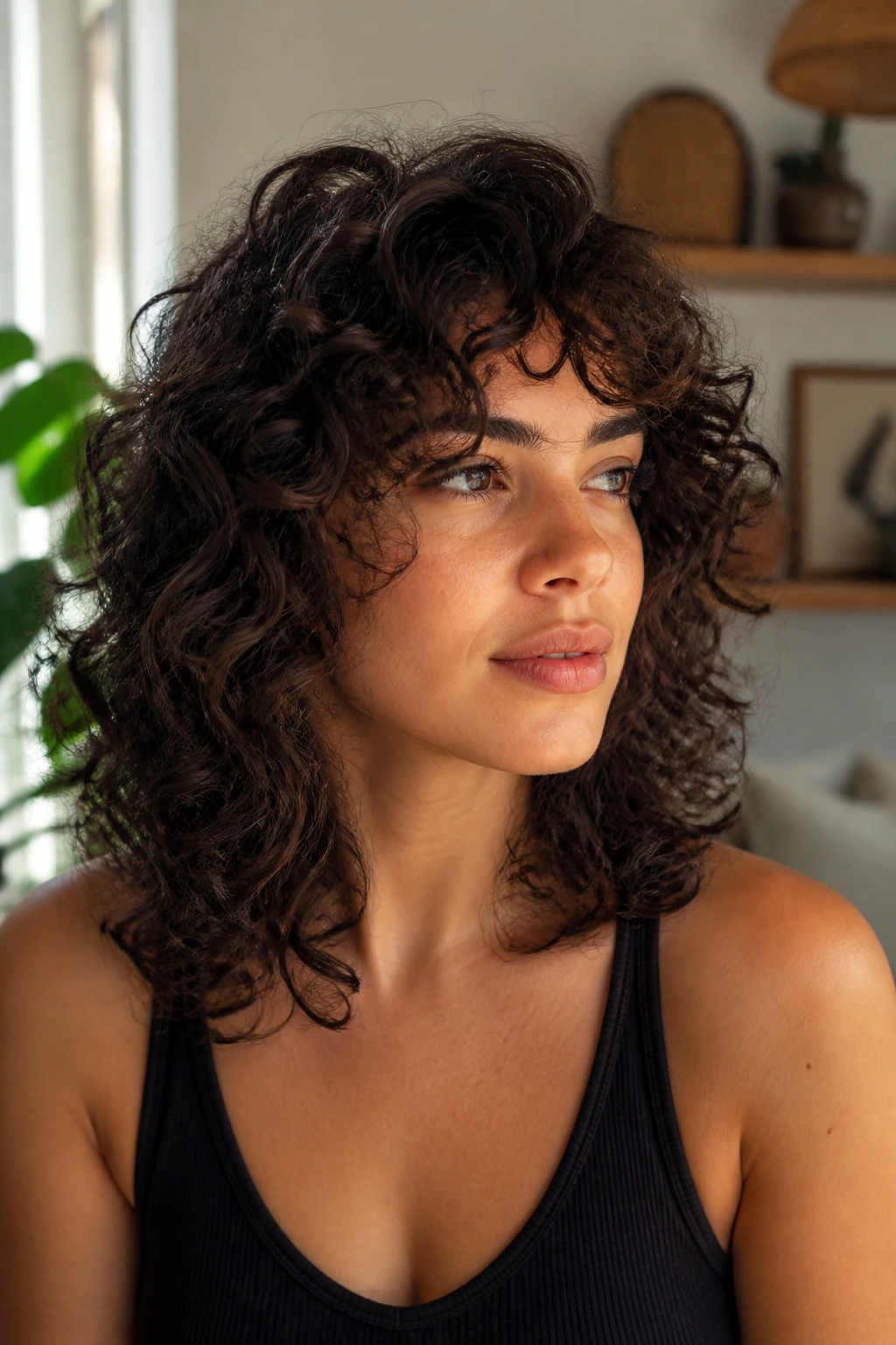 Close-up of a real woman with shoulder-length layered curls in warm natural light