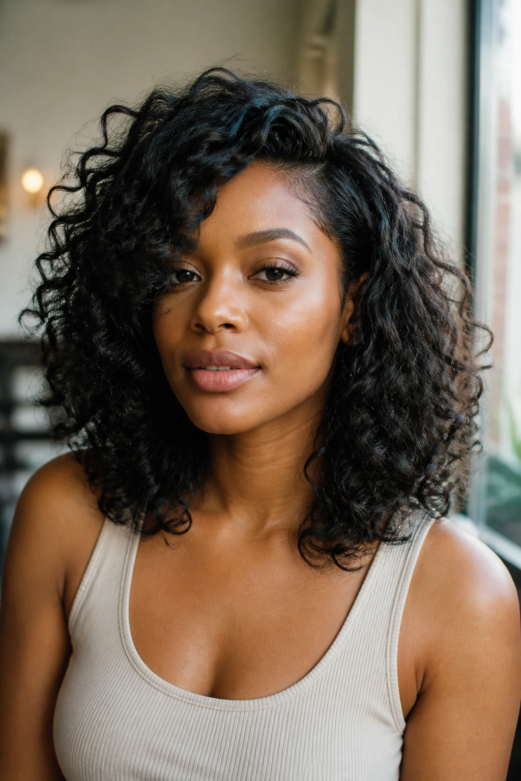 Close-up portrait of a person with shoulder-length layered curls hairstyle